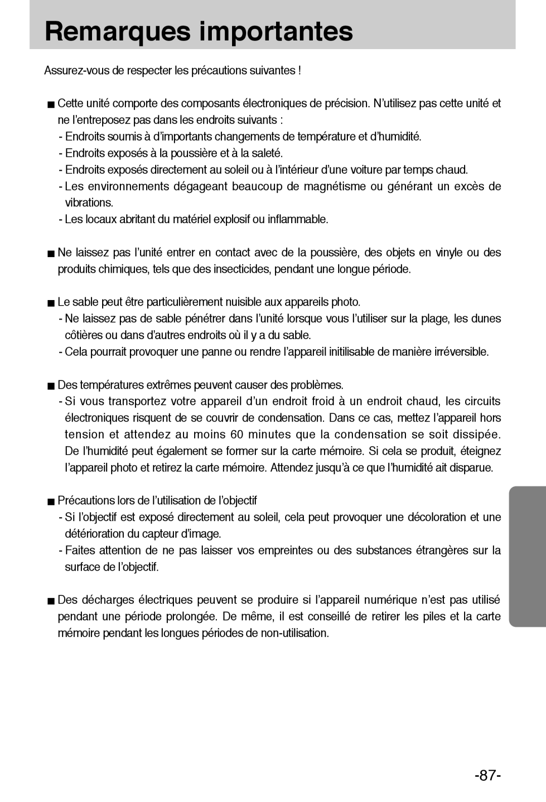 Samsung EC-A6ZZZSBA/E1 manual Remarques importantes, Des températures extrêmes peuvent causer des problèmes 