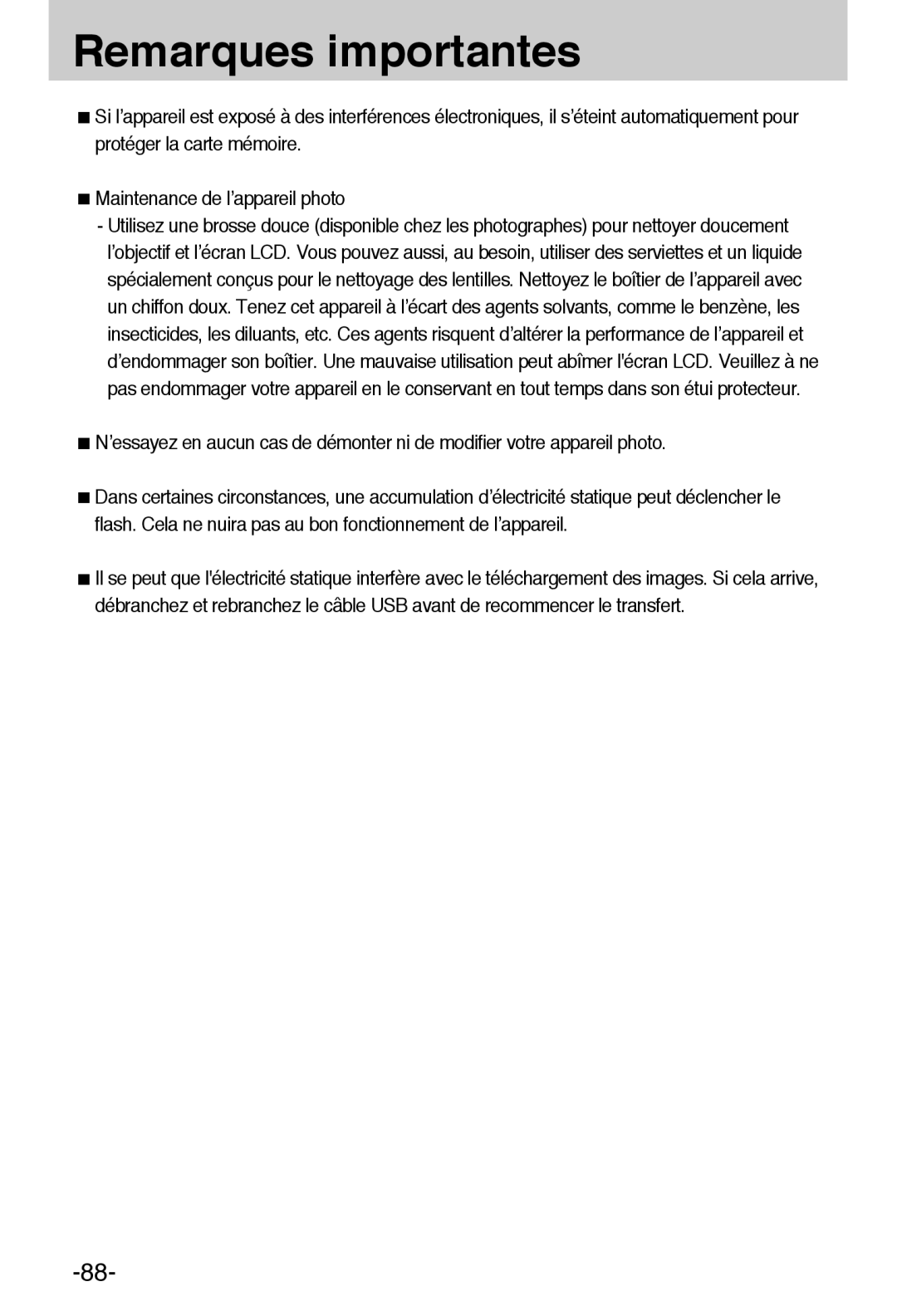 Samsung EC-A6ZZZSBA/E1 manual Remarques importantes 