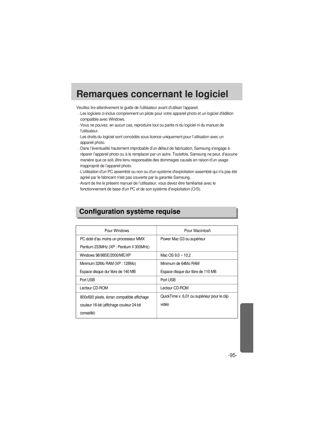 Samsung EC-A6ZZZSBA/E1 manual Remarques concernant le logiciel, Configuration système requise 