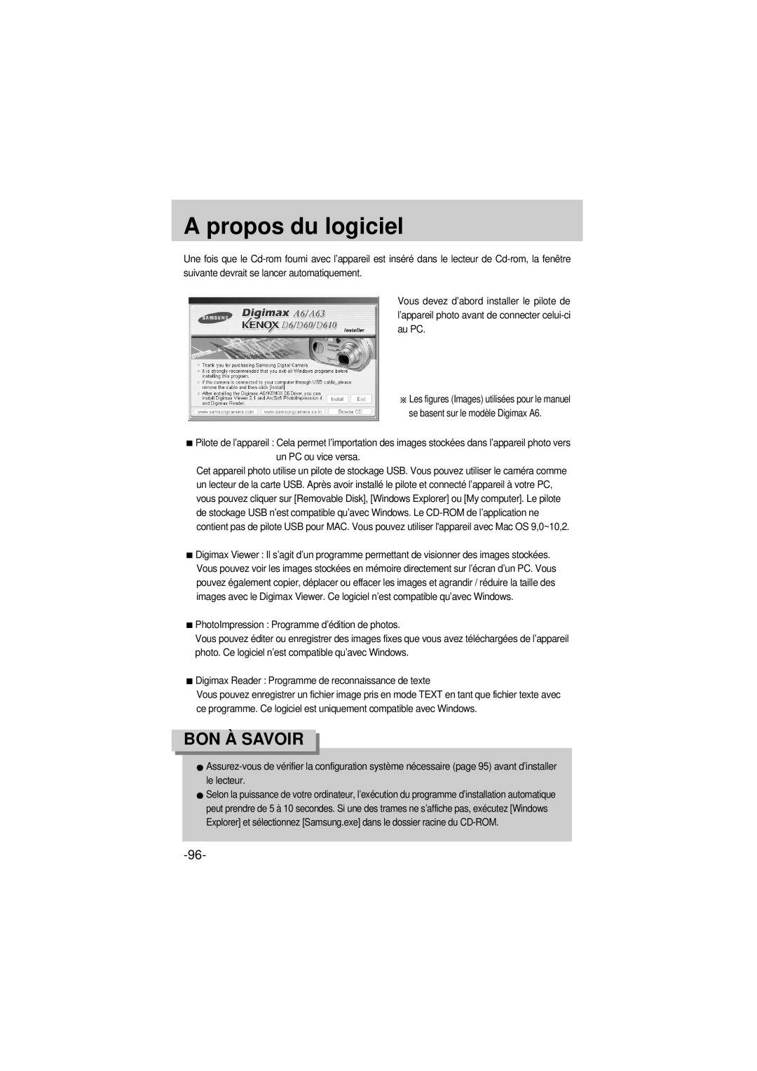 Samsung EC-A6ZZZSBA/E1 manual Propos du logiciel 