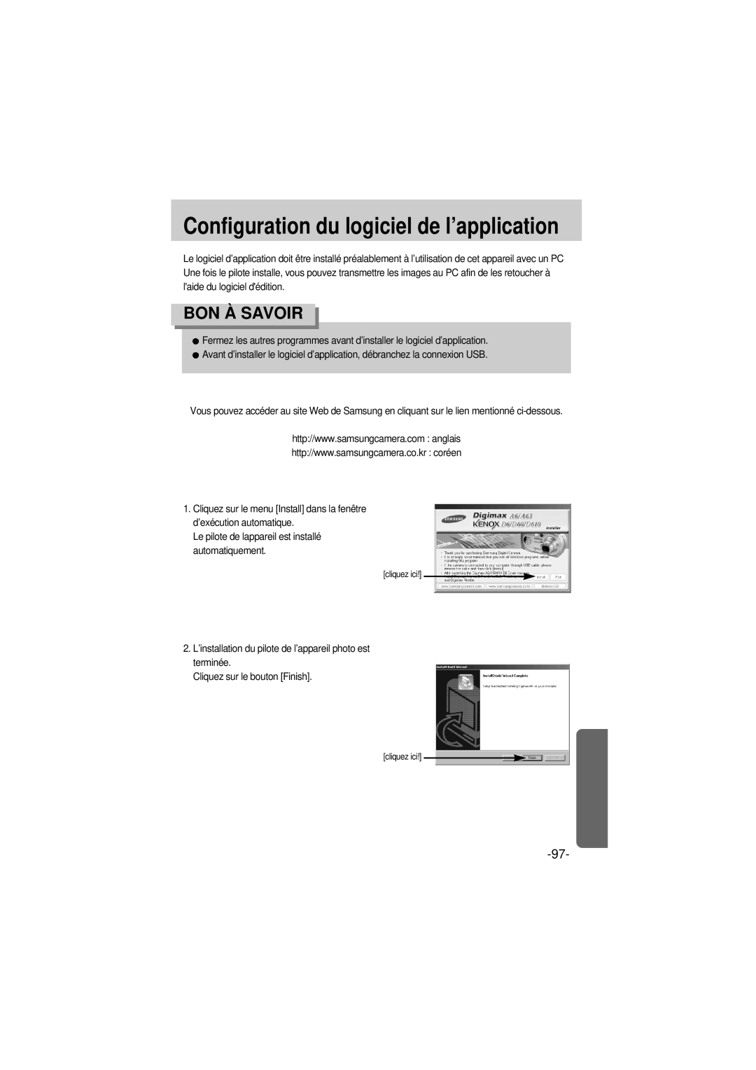 Samsung EC-A6ZZZSBA/E1 manual Configuration du logiciel de l’application 