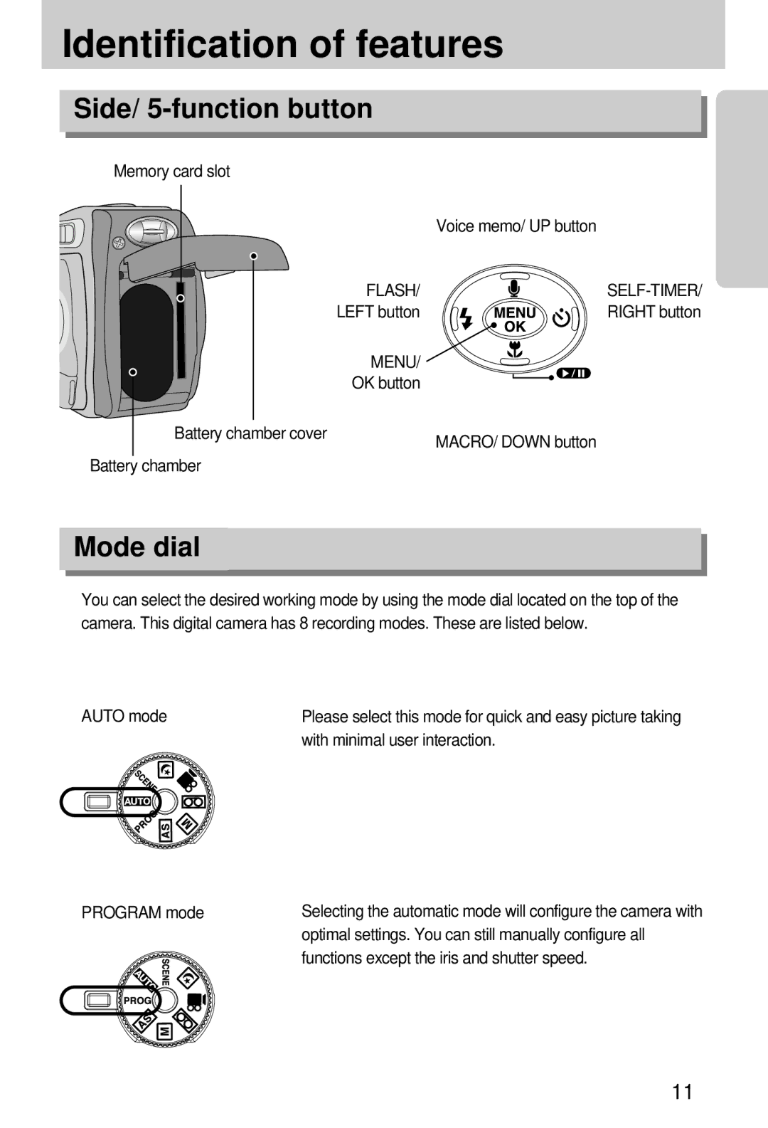 Samsung EC-A7ZZZSBA/US, EC-A7ZZZSBB/E1, EC-A7ZZZSBB/US, EC-V70ZZSAA manual Side/ 5-function button, Mode dial, Flash, Menu 