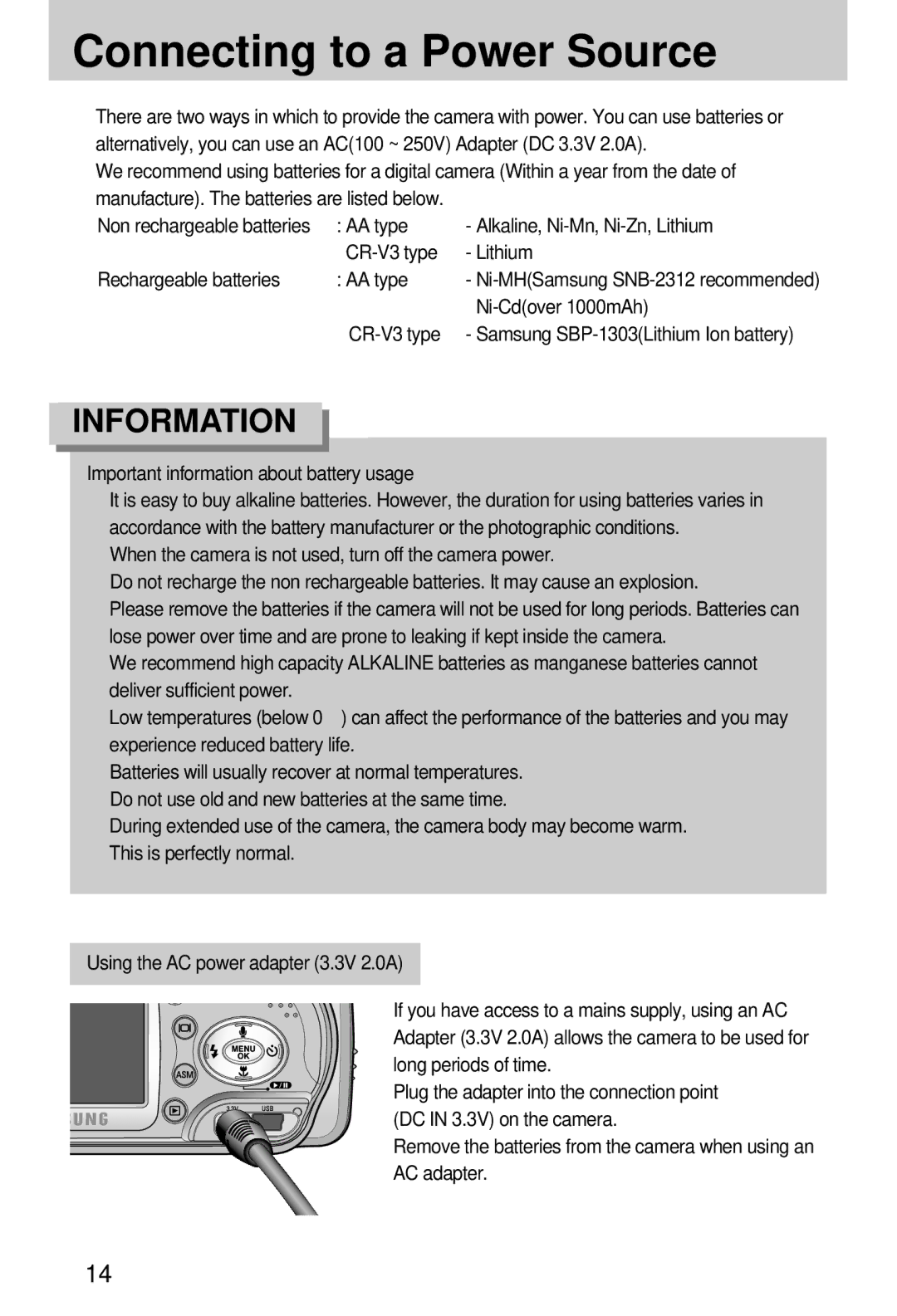 Samsung EC-V70ZZSAA manual Connecting to a Power Source, Ni-Cdover 1000mAh, Important information about battery usage 