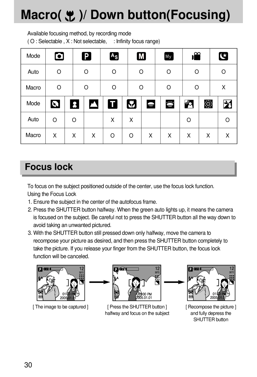 Samsung EC-A7ZZZSBB/E1, EC-A7ZZZSBB/US, EC-V70ZZSAA, EC-A7ZZZSBA/E1, EC-A7ZZZSAA manual Macro / Down buttonFocusing, Focus lock 