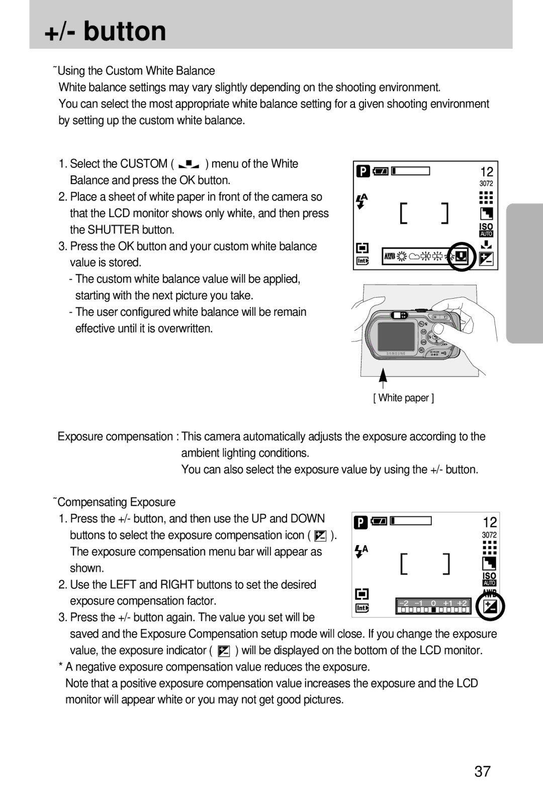 Samsung EC-A7ZZZSBB/US Shown, Value, the exposure indicator, Negative exposure compensation value reduces the exposure 