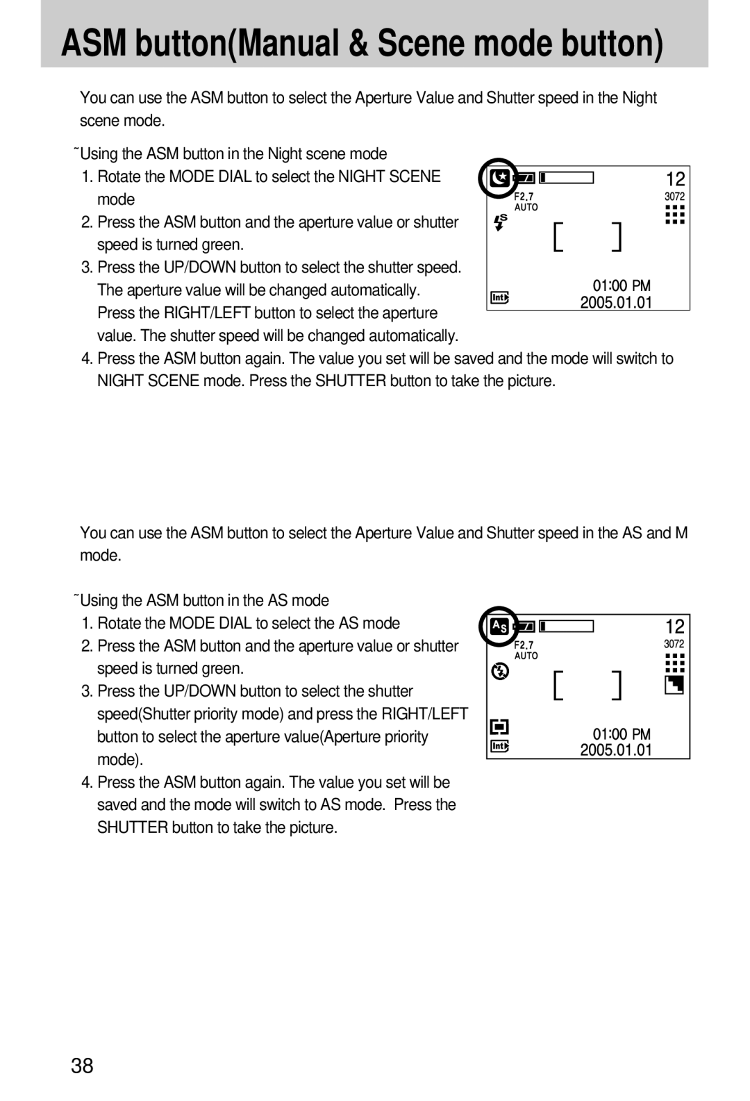 Samsung EC-V70ZZSAA, EC-A7ZZZSBB/E1, EC-A7ZZZSBB/US, EC-A7ZZZSBA/E1, EC-A7ZZZSAA manual ASM buttonManual & Scene mode button 