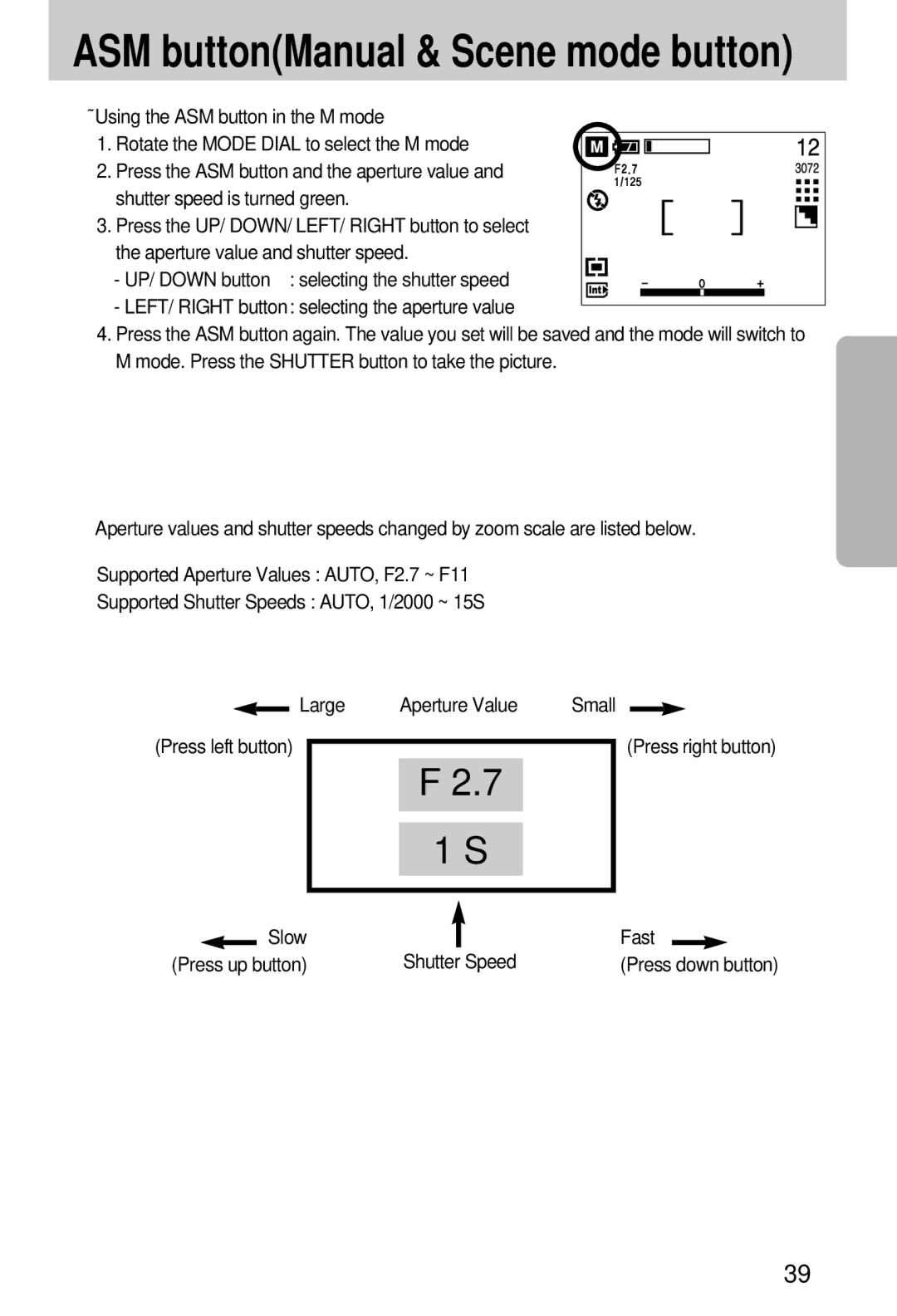 Samsung EC-A7ZZZSBA/E1, EC-A7ZZZSBB/E1, EC-A7ZZZSBB/US, EC-V70ZZSAA, EC-A7ZZZSAA, EC-A7ZZZSBA/US manual Slow Fast, Shutter Speed 