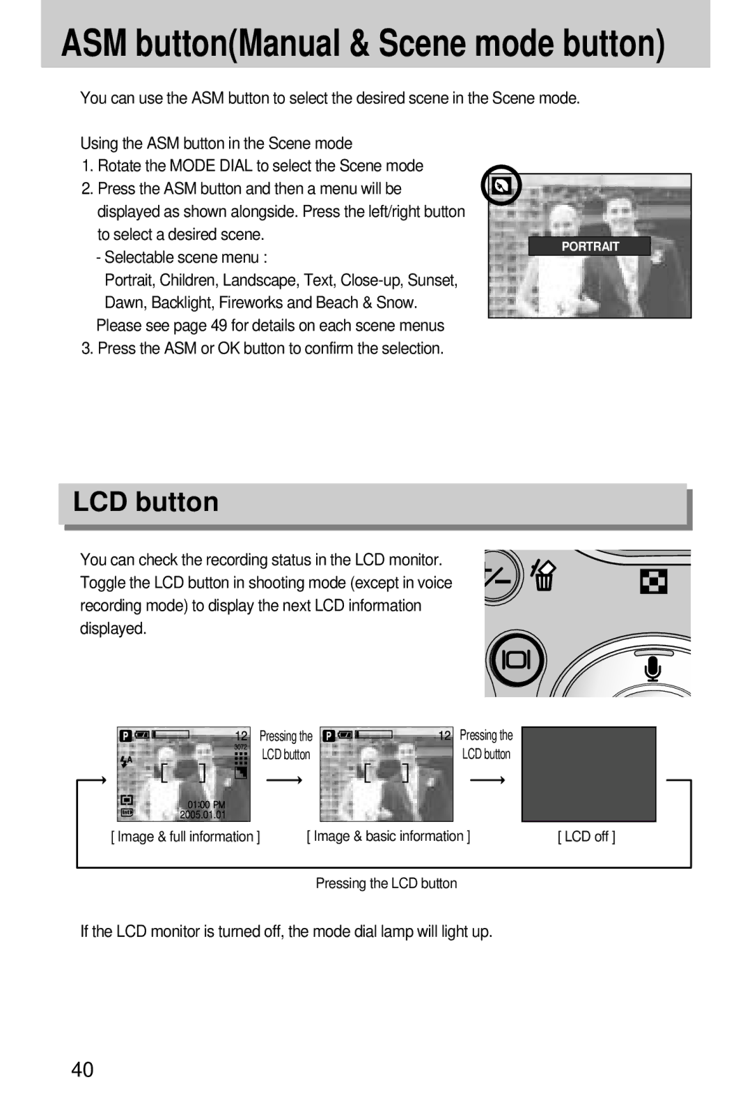 Samsung EC-A7ZZZSAA, EC-A7ZZZSBB/E1, EC-A7ZZZSBB/US, EC-V70ZZSAA, EC-A7ZZZSBA/E1, EC-A7ZZZSBA/US manual LCD button 