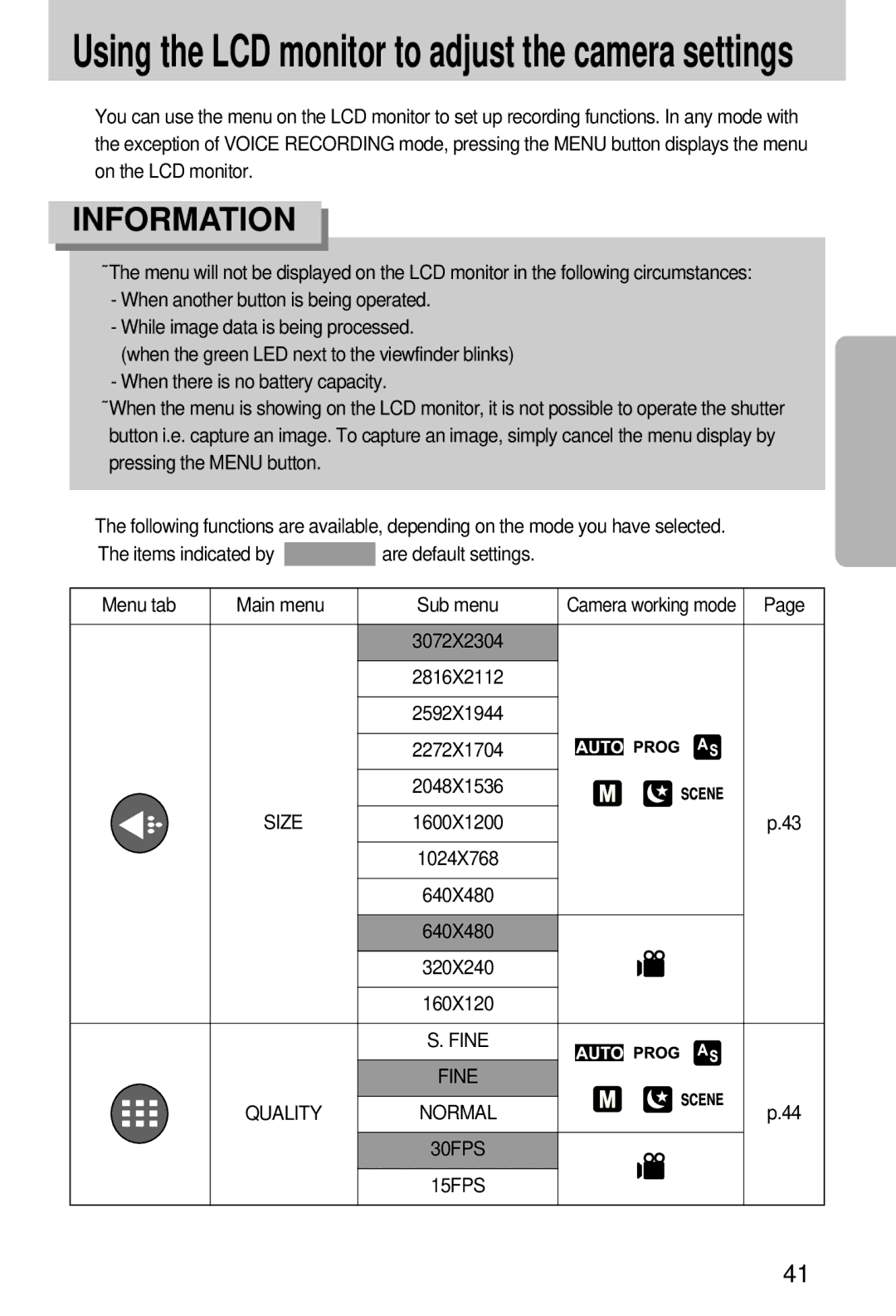 Samsung EC-A7ZZZSBA/US, EC-A7ZZZSBB/E1, EC-A7ZZZSBB/US manual Using the LCD monitor to adjust the camera settings, Size 