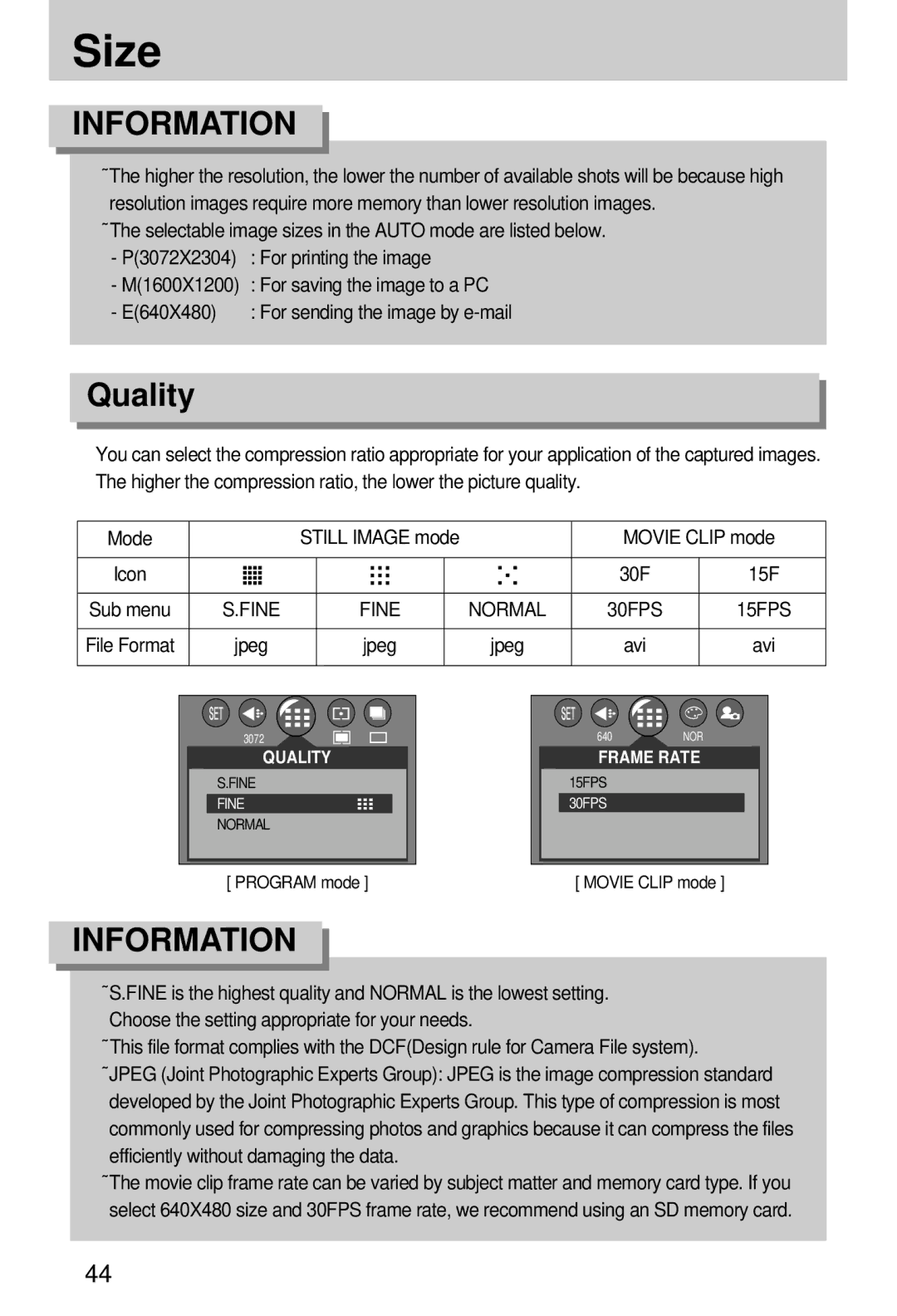 Samsung EC-V70ZZSAA, EC-A7ZZZSBB/E1, EC-A7ZZZSBB/US, EC-A7ZZZSBA/E1, EC-A7ZZZSAA, EC-A7ZZZSBA/US manual Size, Quality, Avi 