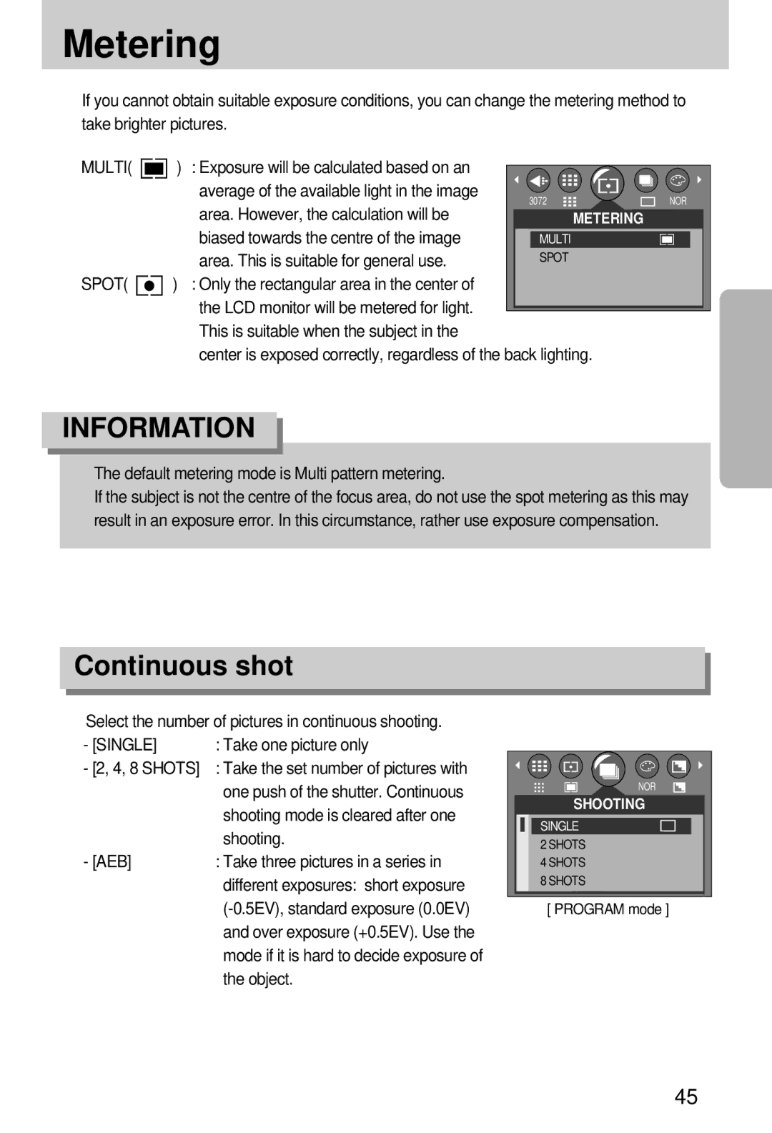 Samsung EC-A7ZZZSBA/E1, EC-A7ZZZSBB/E1, EC-A7ZZZSBB/US, EC-V70ZZSAA, EC-A7ZZZSAA, EC-A7ZZZSBA/US Metering, Continuous shot 