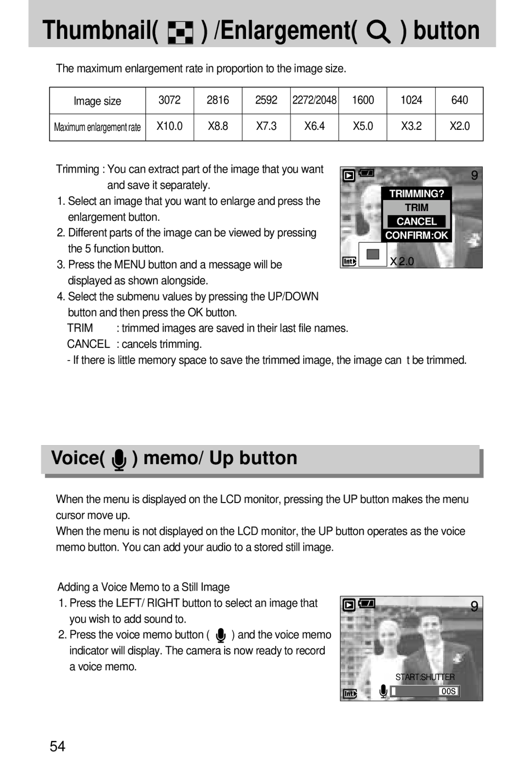 Samsung EC-A7ZZZSBB/E1, EC-A7ZZZSBB/US, EC-V70ZZSAA, EC-A7ZZZSBA/E1, EC-A7ZZZSAA manual Voice memo/ Up button, Trim, Cancel 