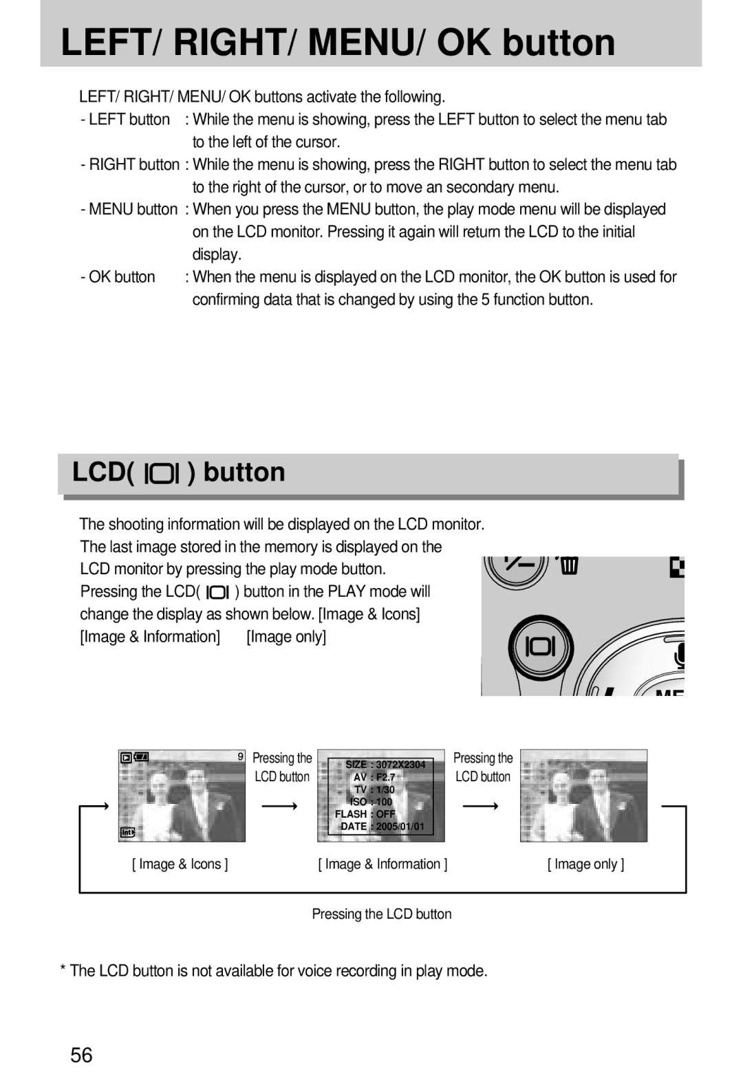 Samsung EC-V70ZZSAA, EC-A7ZZZSBB/E1, EC-A7ZZZSBB/US, EC-A7ZZZSBA/E1 LEFT/ RIGHT/ MENU/ OK button, Button, Pressing the LCD 