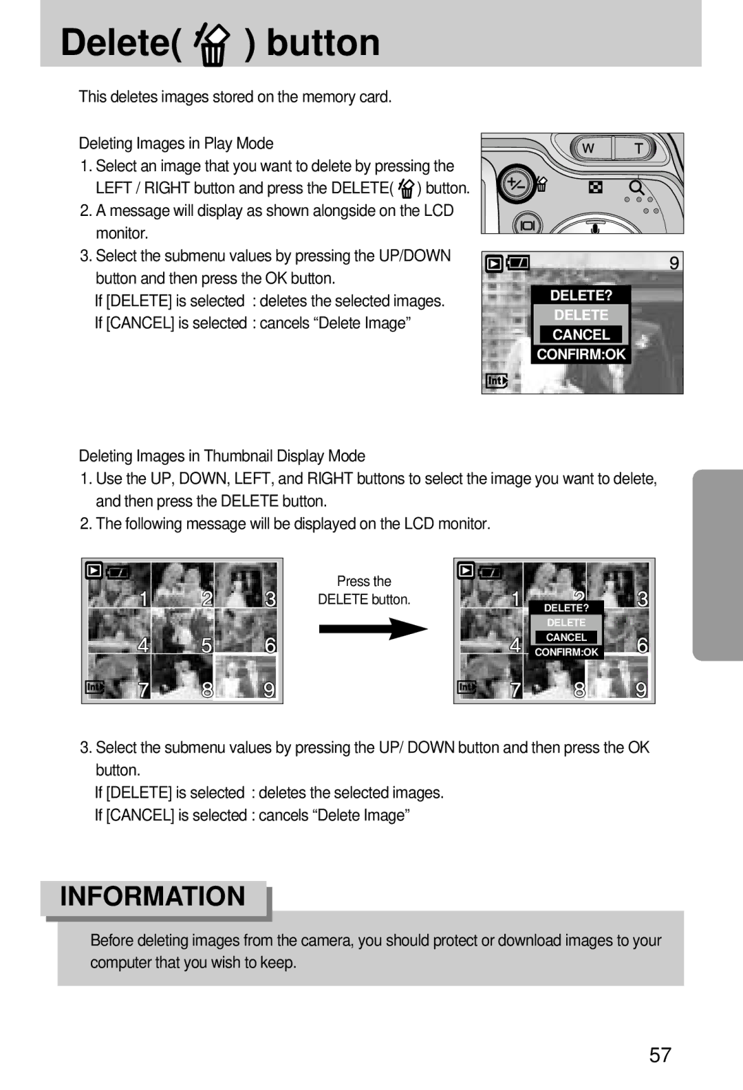 Samsung EC-A7ZZZSBA/E1, EC-A7ZZZSBB/E1, EC-A7ZZZSBB/US manual Delete button, If Cancel is selected cancels Delete Image 