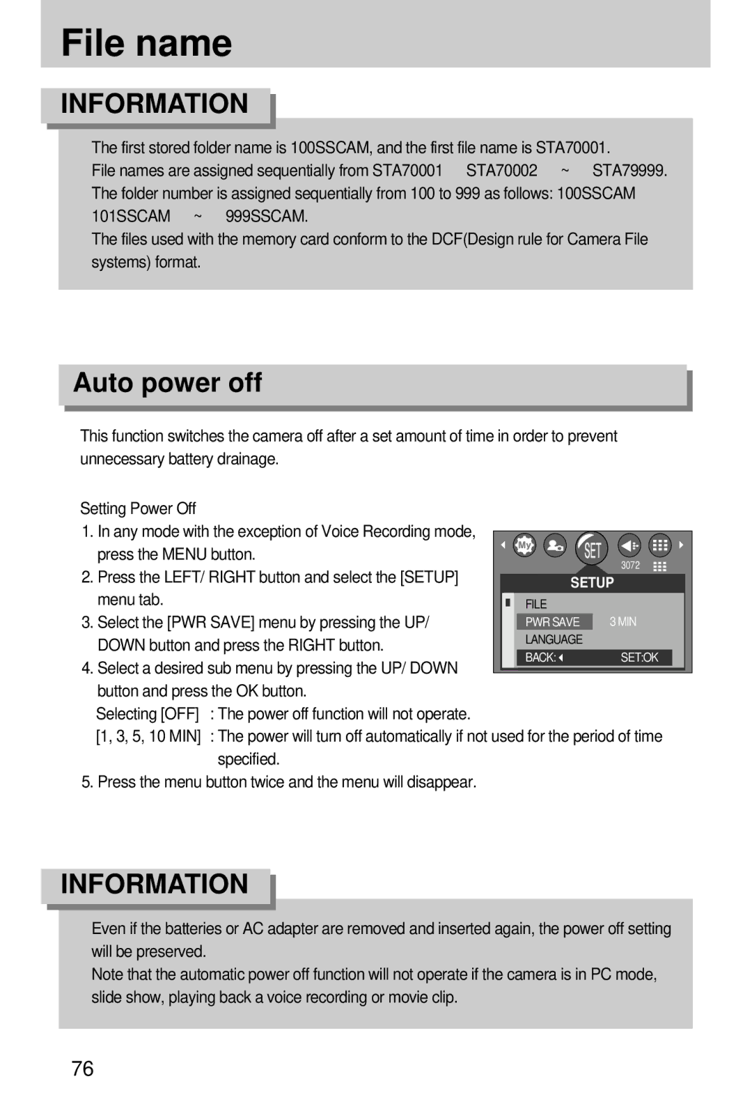 Samsung EC-A7ZZZSAA, EC-A7ZZZSBB/E1, EC-A7ZZZSBB/US, EC-V70ZZSAA, EC-A7ZZZSBA/E1 manual File name, Auto power off, Specified 