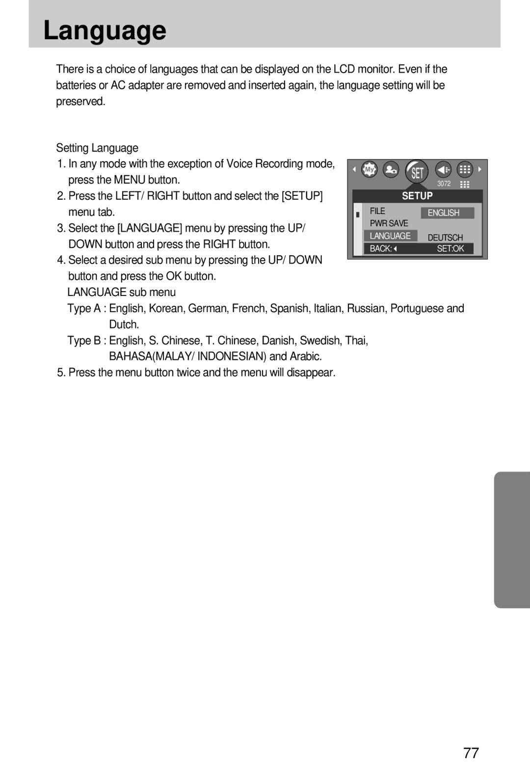 Samsung EC-A7ZZZSBA/US manual Select the Language menu by pressing the UP, Down button and press the Right button 