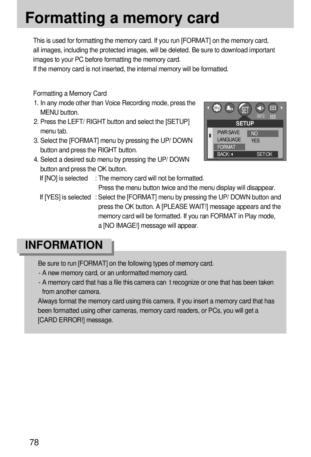 Samsung EC-A7ZZZSBB/E1, EC-A7ZZZSBB/US, EC-V70ZZSAA, EC-A7ZZZSBA/E1 Formatting a memory card, No IMAGE! message will appear 