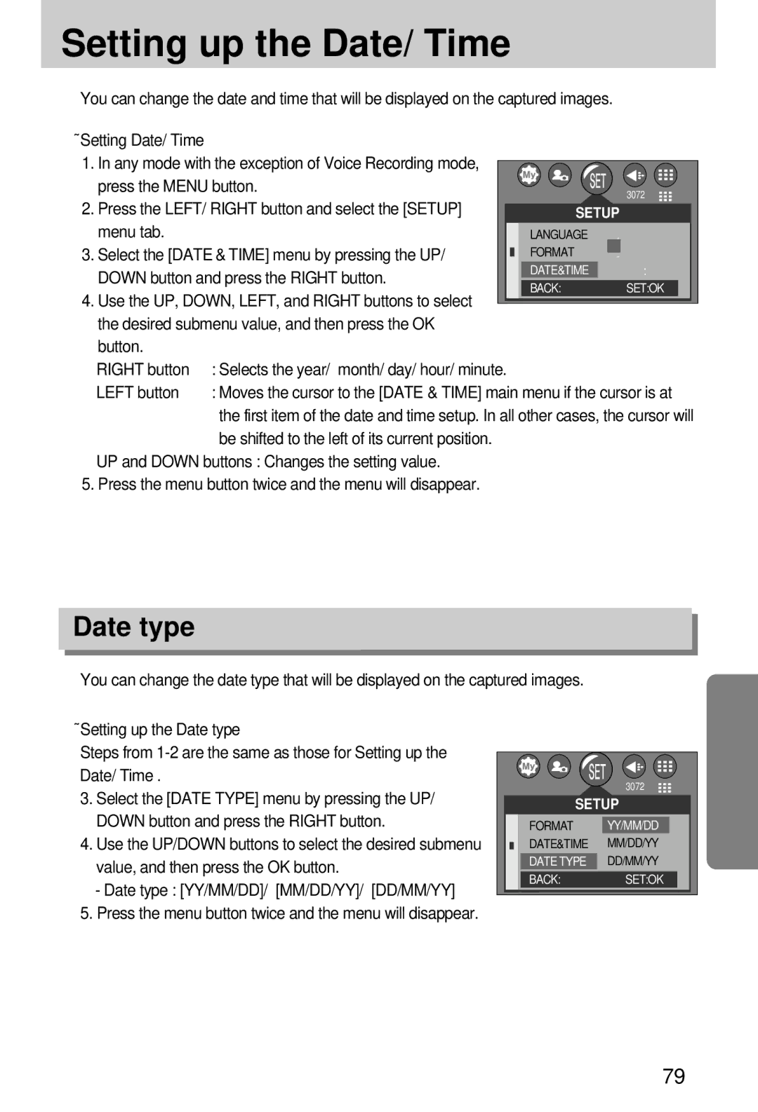 Samsung EC-A7ZZZSBB/US, EC-A7ZZZSBB/E1, EC-V70ZZSAA, EC-A7ZZZSBA/E1, EC-A7ZZZSAA manual Setting up the Date/ Time, Date type 