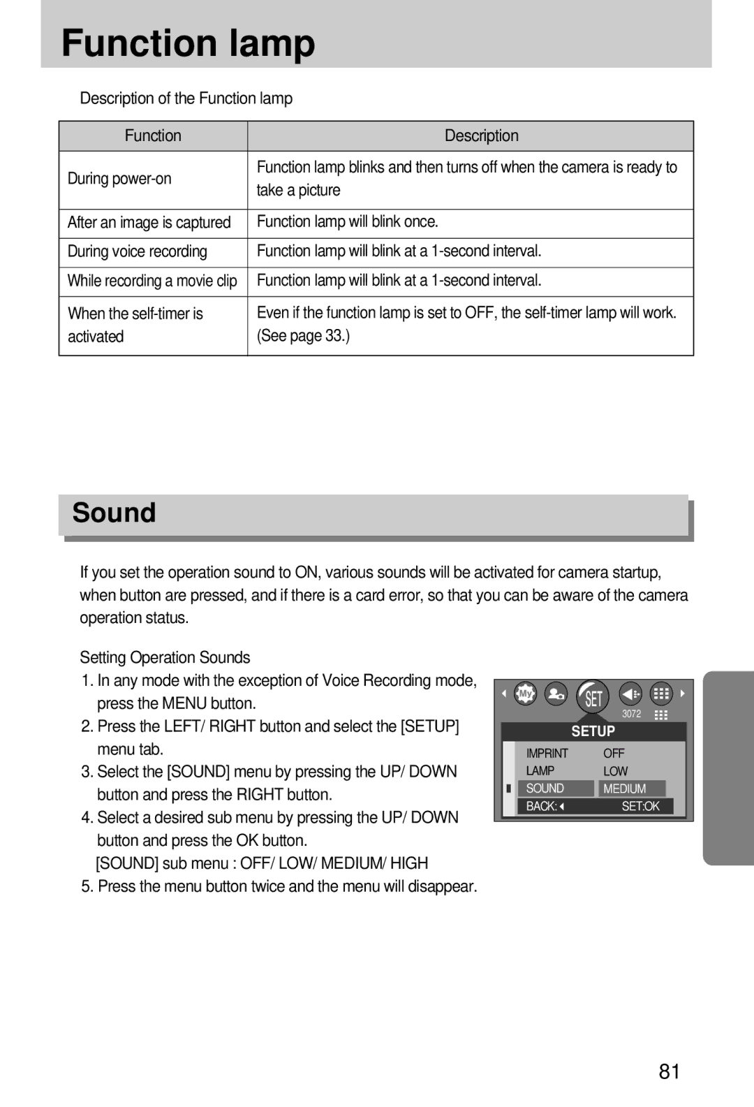 Samsung EC-A7ZZZSBA/E1, EC-A7ZZZSBB/E1, EC-A7ZZZSBB/US, EC-V70ZZSAA, EC-A7ZZZSAA, EC-A7ZZZSBA/US manual Function lamp, Sound 