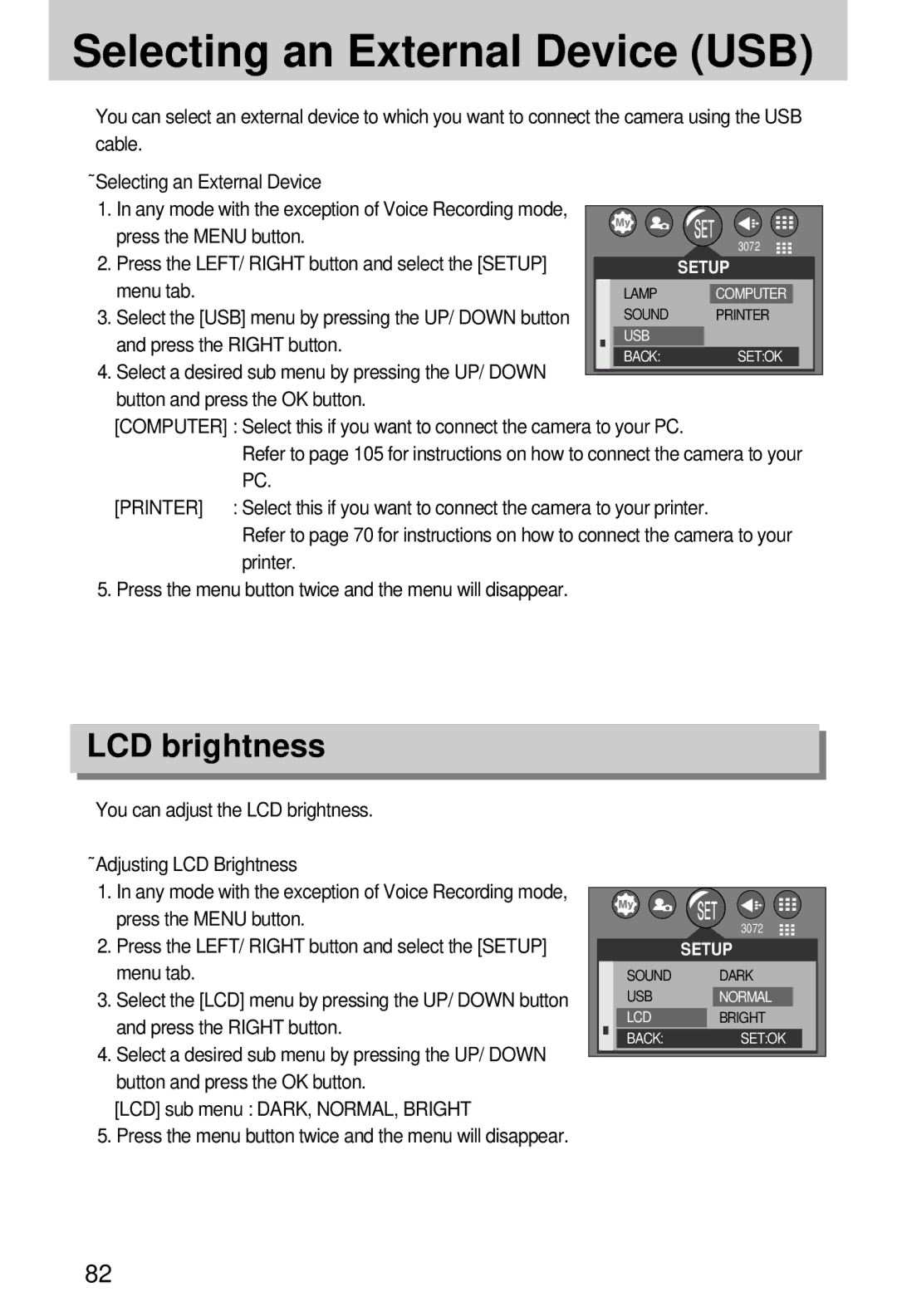 Samsung EC-A7ZZZSAA, EC-A7ZZZSBB/E1, EC-A7ZZZSBB/US, EC-V70ZZSAA manual Selecting an External Device USB, LCD brightness 