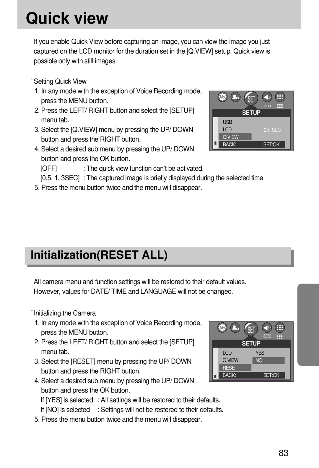 Samsung EC-A7ZZZSBA/US, EC-A7ZZZSBB/E1, EC-A7ZZZSBB/US manual Quick view, InitializationRESET ALL, ❾ Initializing the Camera 