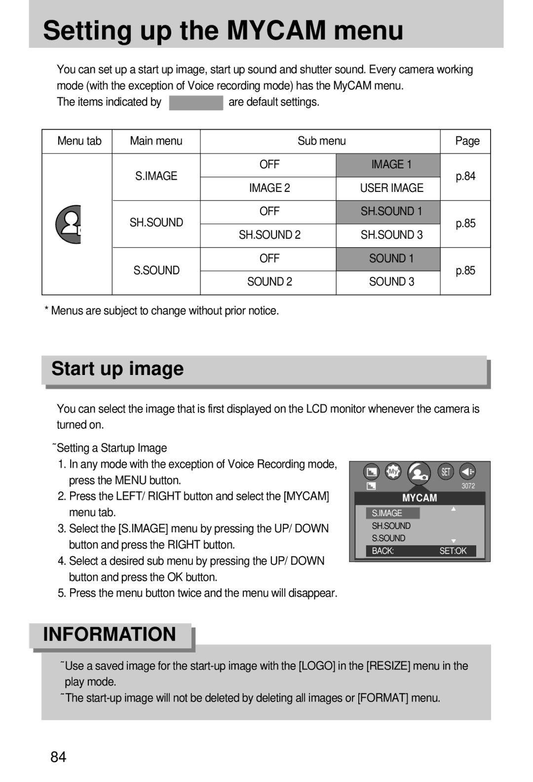 Samsung EC-A7ZZZSBB/E1, EC-A7ZZZSBB/US, EC-V70ZZSAA, EC-A7ZZZSBA/E1, EC-A7ZZZSAA Setting up the Mycam menu, Start up image 