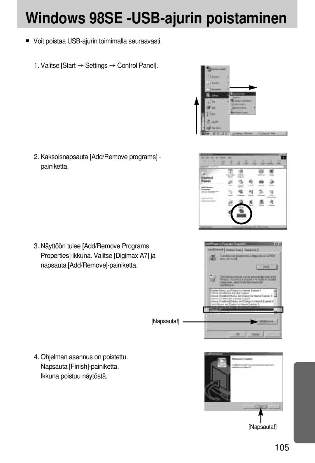 Samsung EC-A7ZZZSBB/E1 manual Windows 98SE -USB-ajurin poistaminen 