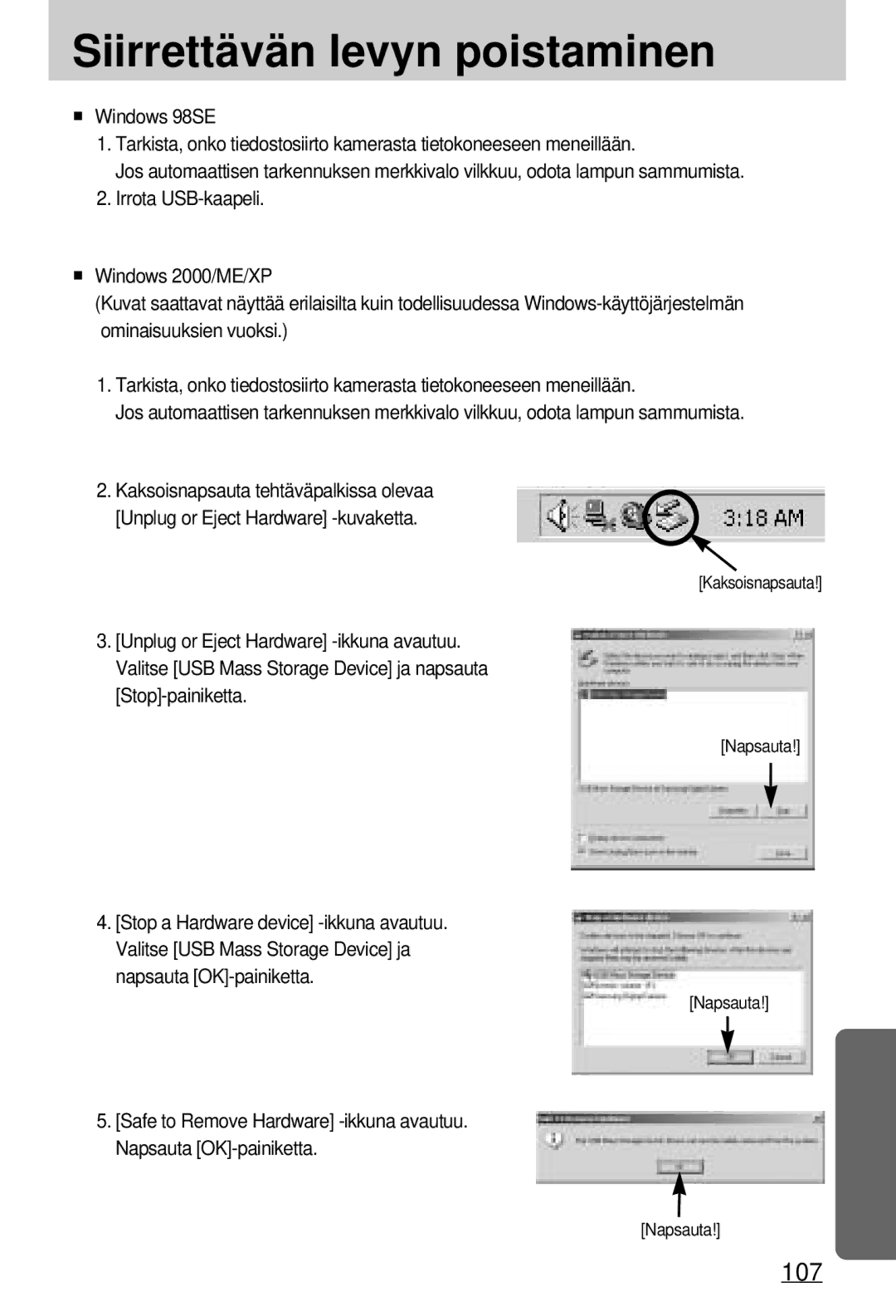 Samsung EC-A7ZZZSBB/E1 manual Siirrettävän levyn poistaminen 