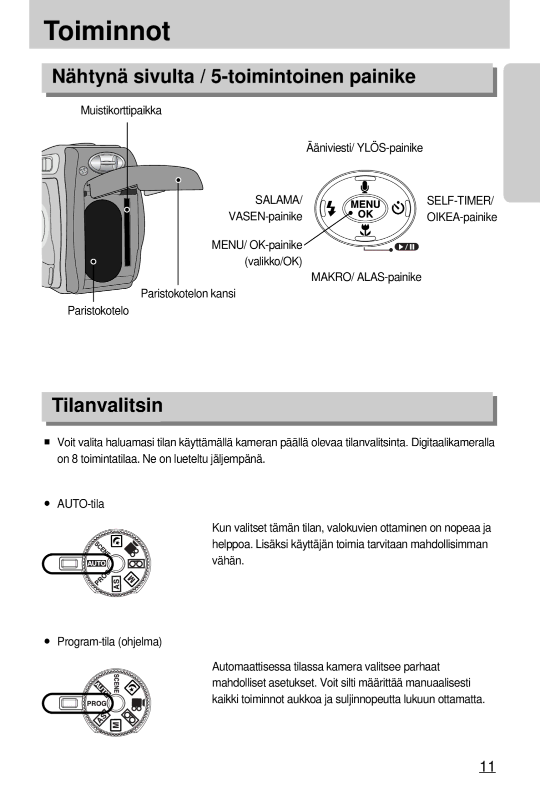 Samsung EC-A7ZZZSBB/E1 manual Nähtynä sivulta / 5-toimintoinen painike, Tilanvalitsin, Salama SELF-TIMER 