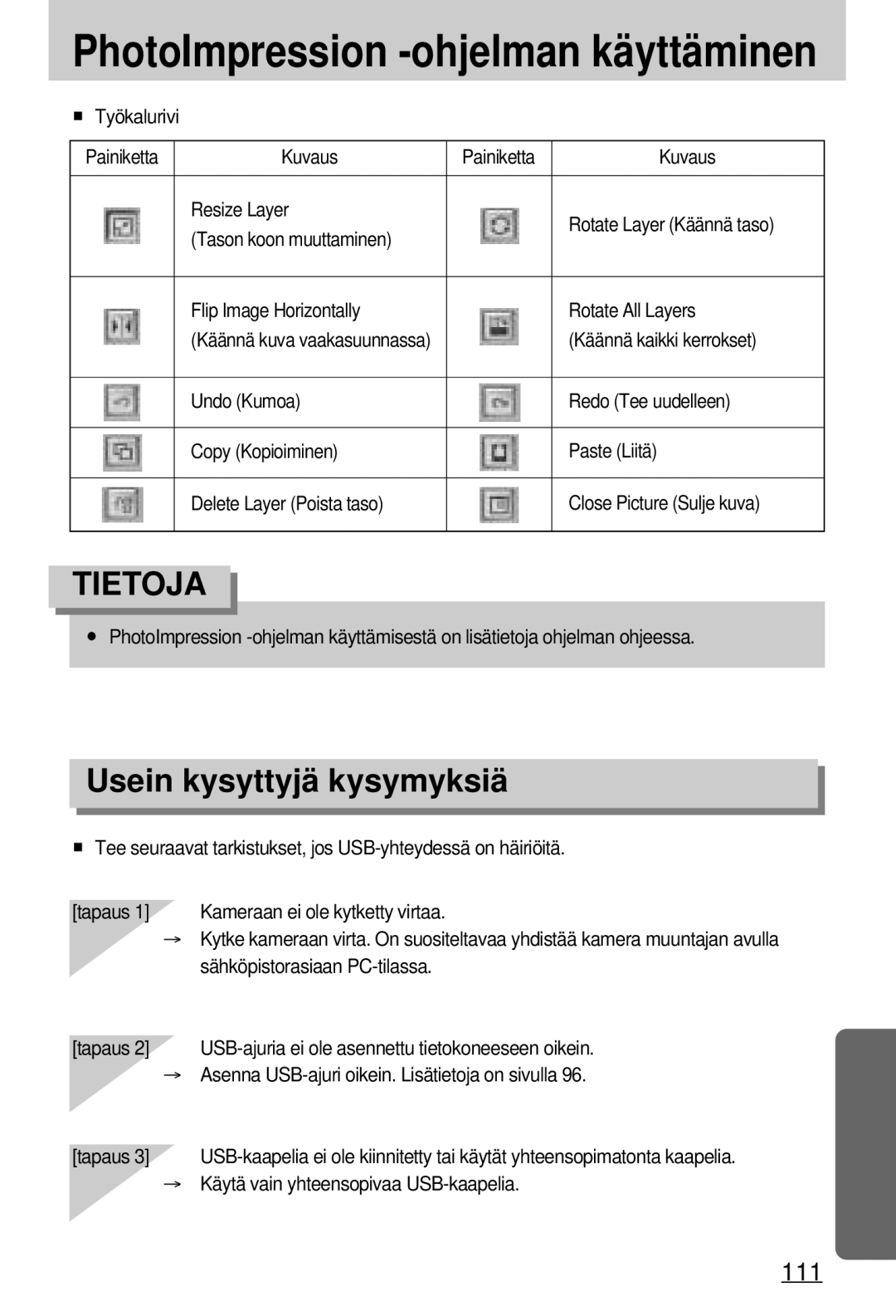 Samsung EC-A7ZZZSBB/E1 manual Usein kysyttyjä kysymyksiä, Käännä kaikki kerrokset 