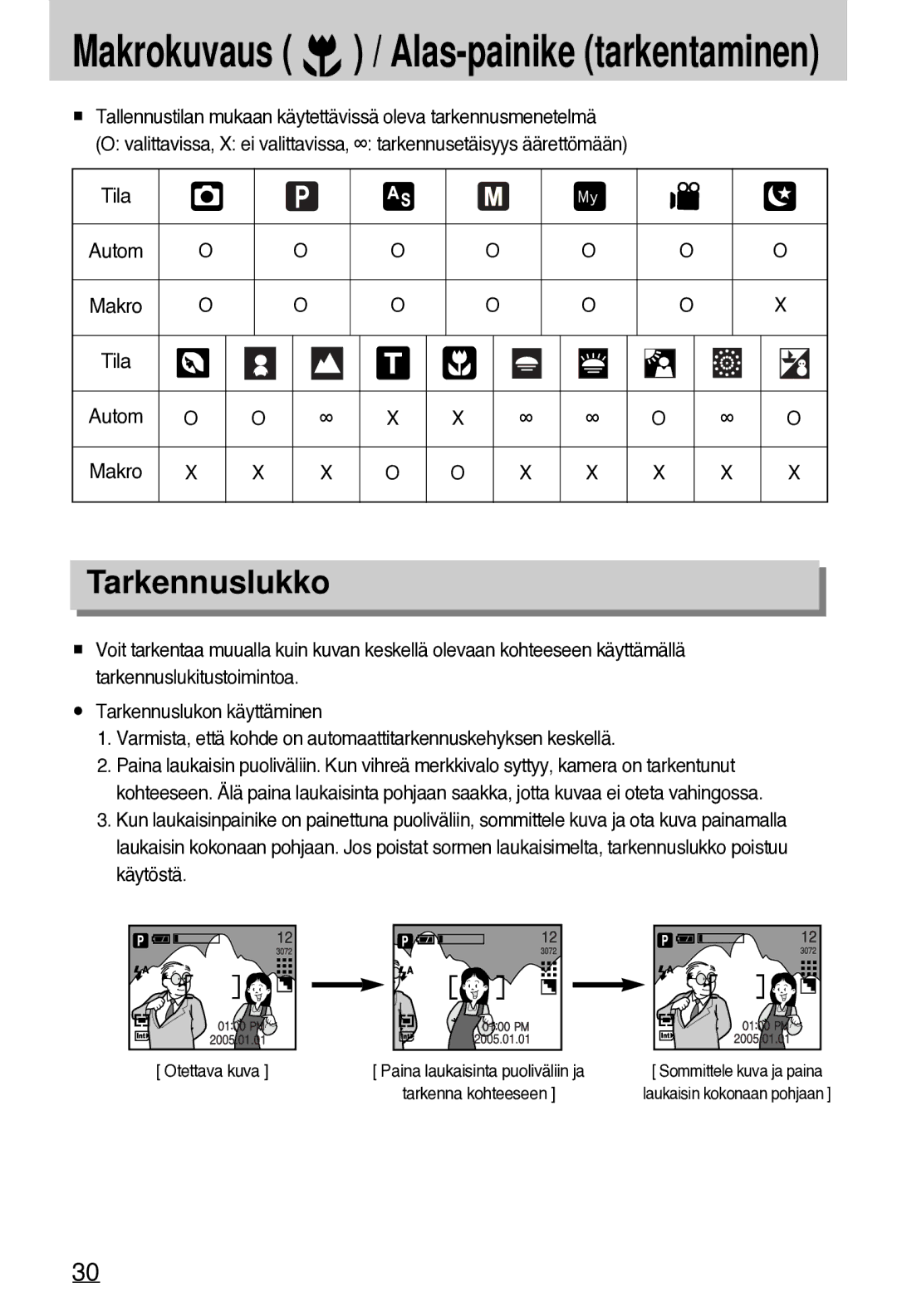 Samsung EC-A7ZZZSBB/E1 manual Tarkennuslukko, Tila Autom Makro 