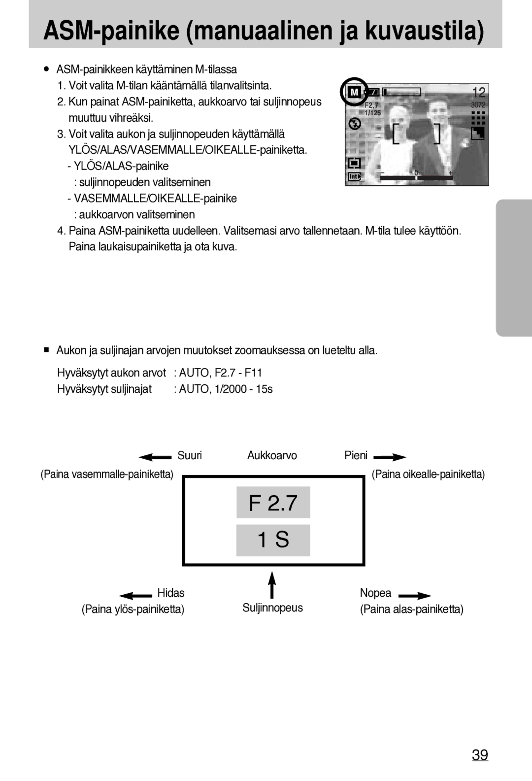 Samsung EC-A7ZZZSBB/E1 manual Suljinnopeuden valitseminen, Hidas Nopea, Suljinnopeus 