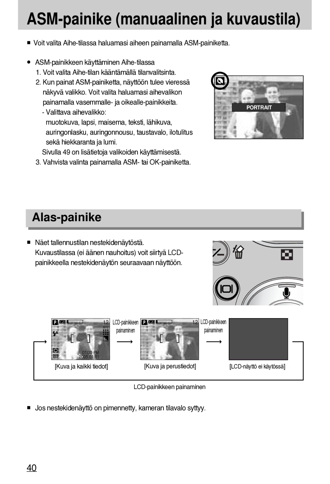 Samsung EC-A7ZZZSBB/E1 manual Alas-painike, Valittava aihevalikko, Näet tallennustilan nestekidenäytöstä 