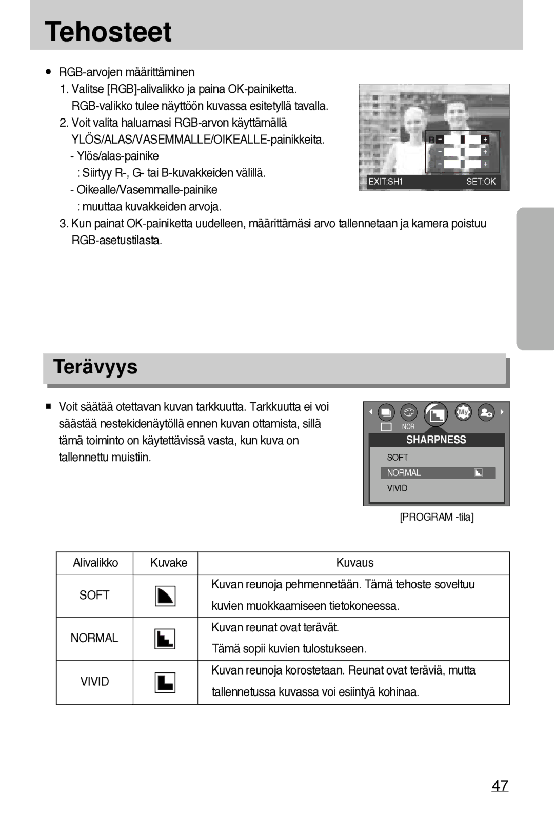 Samsung EC-A7ZZZSBB/E1 manual Tehosteet, Terävyys, Soft, Vivid 