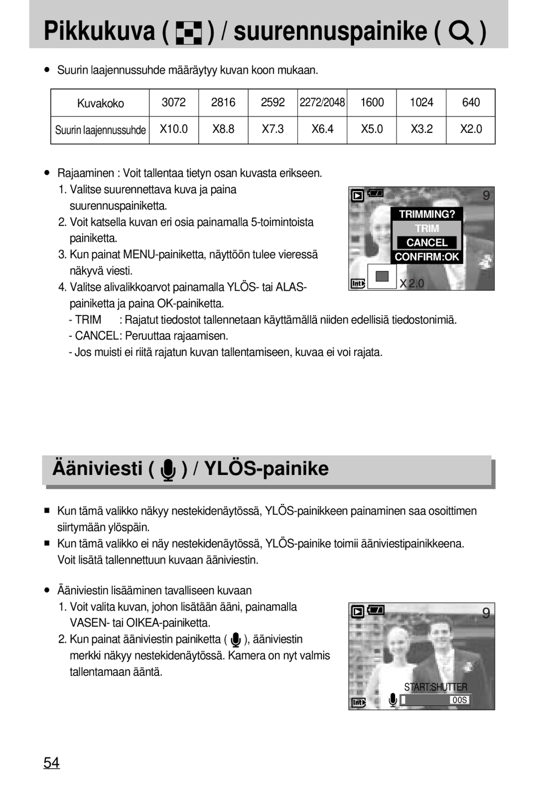 Samsung EC-A7ZZZSBB/E1 manual 1600 1024 640, Kun painat MENU-painiketta, näyttöön tulee vieressä, Trim, Tallentamaan ääntä 