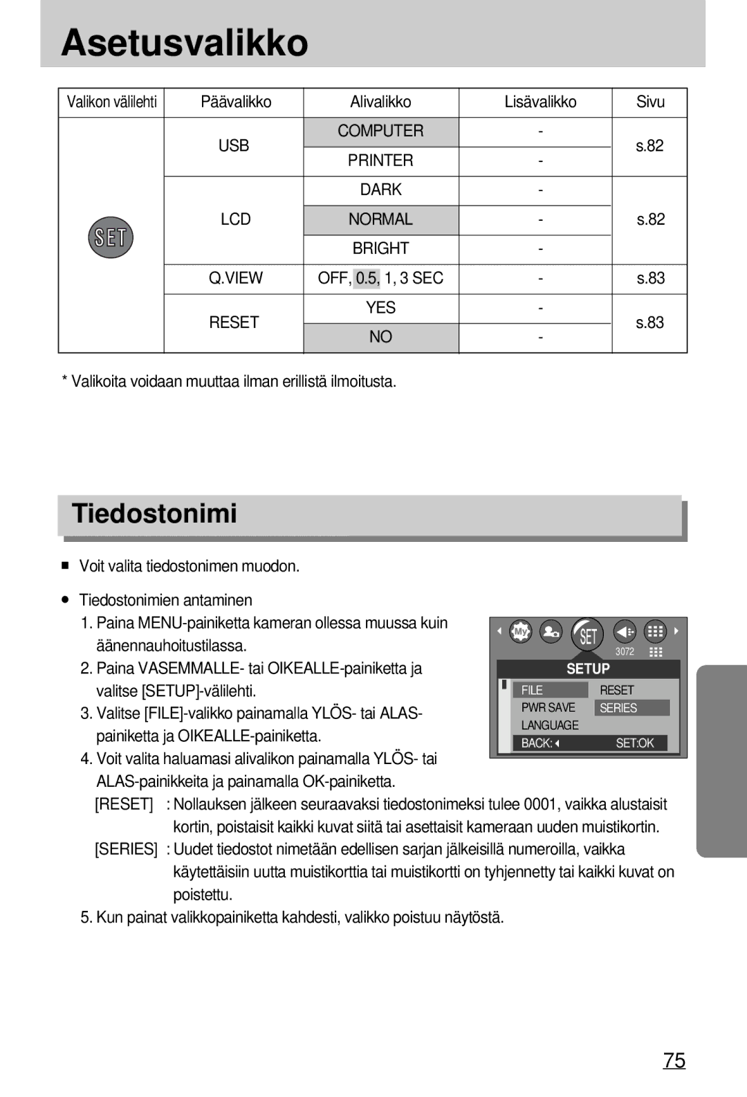 Samsung EC-A7ZZZSBB/E1 manual Asetusvalikko, Tiedostonimi 