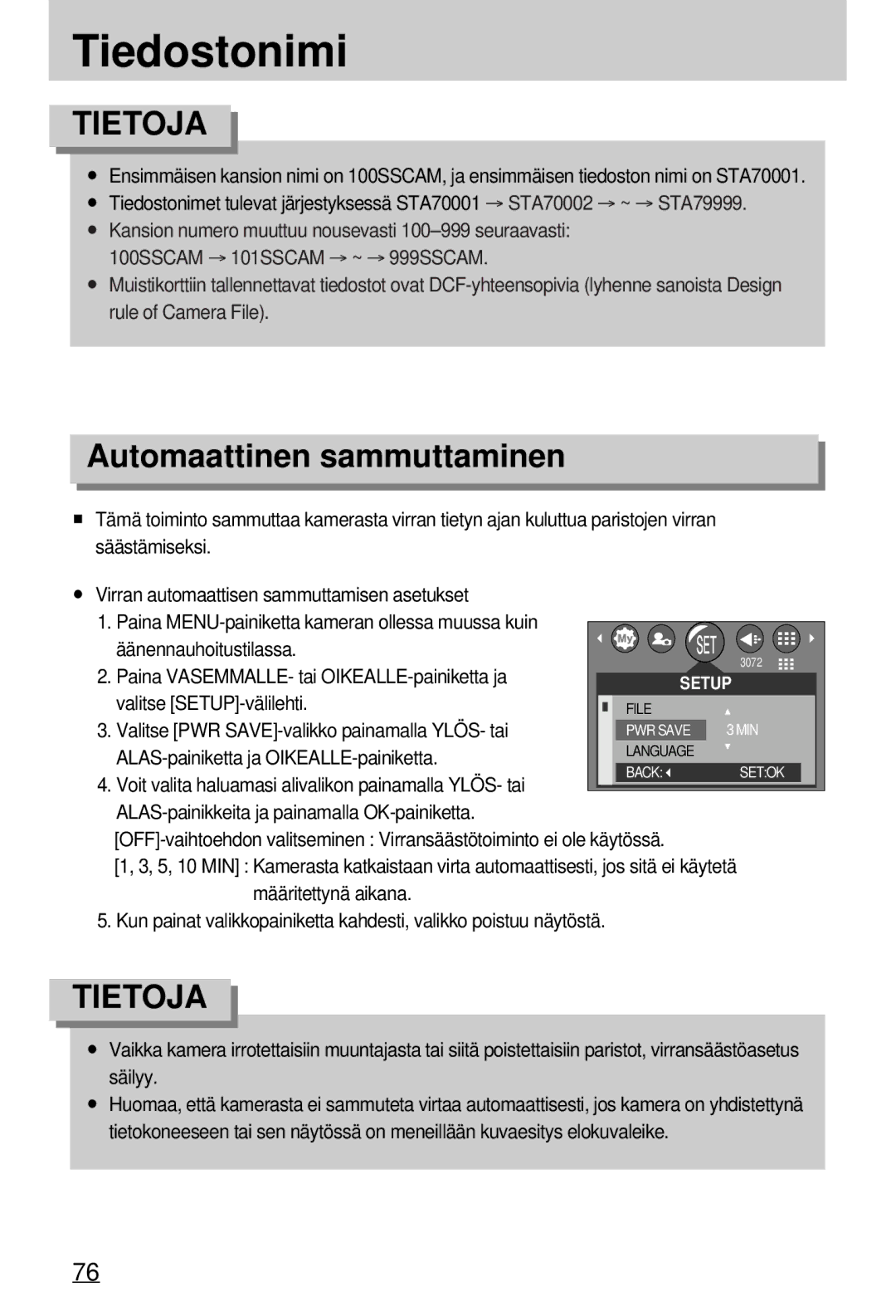 Samsung EC-A7ZZZSBB/E1 manual Tiedostonimi, Automaattinen sammuttaminen, Valitse PWR SAVE-valikko painamalla YLÖS- tai 