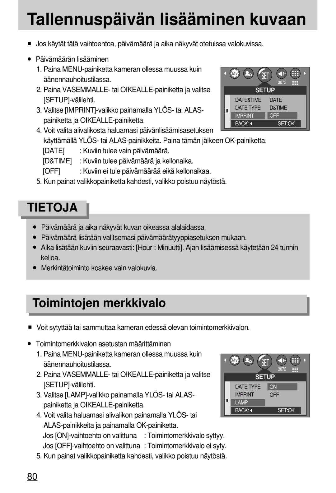 Samsung EC-A7ZZZSBB/E1 manual Tallennuspäivän lisääminen kuvaan, Toimintojen merkkivalo, Time 