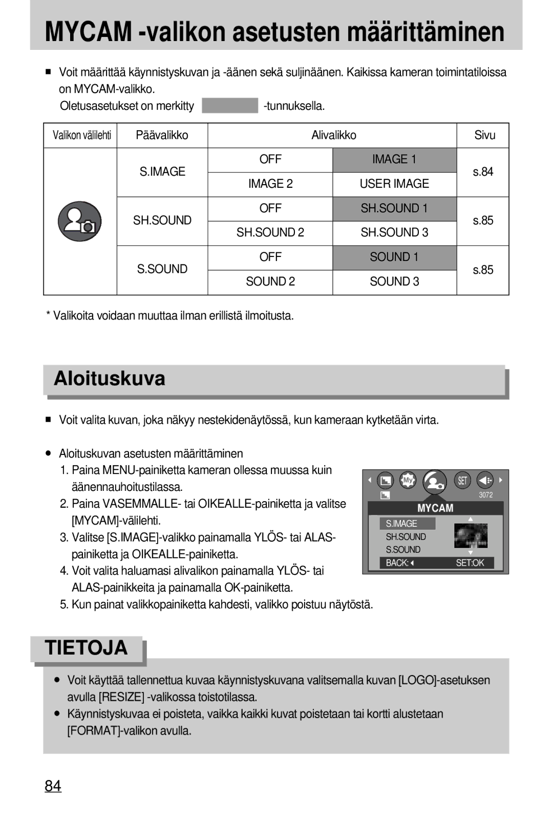 Samsung EC-A7ZZZSBB/E1 manual Aloituskuva, Päävalikko, MYCAM-välilehti, Valitse S.IMAGE-valikko painamalla YLÖS- tai Alas 