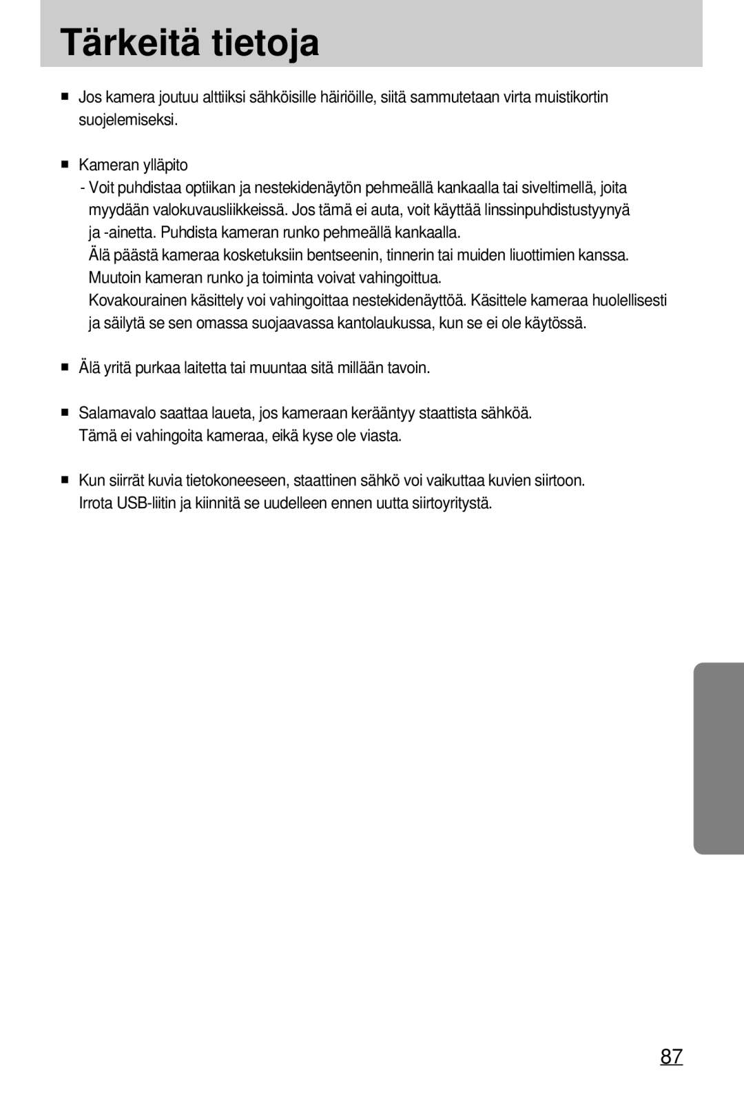 Samsung EC-A7ZZZSBB/E1 manual Tärkeitä tietoja 