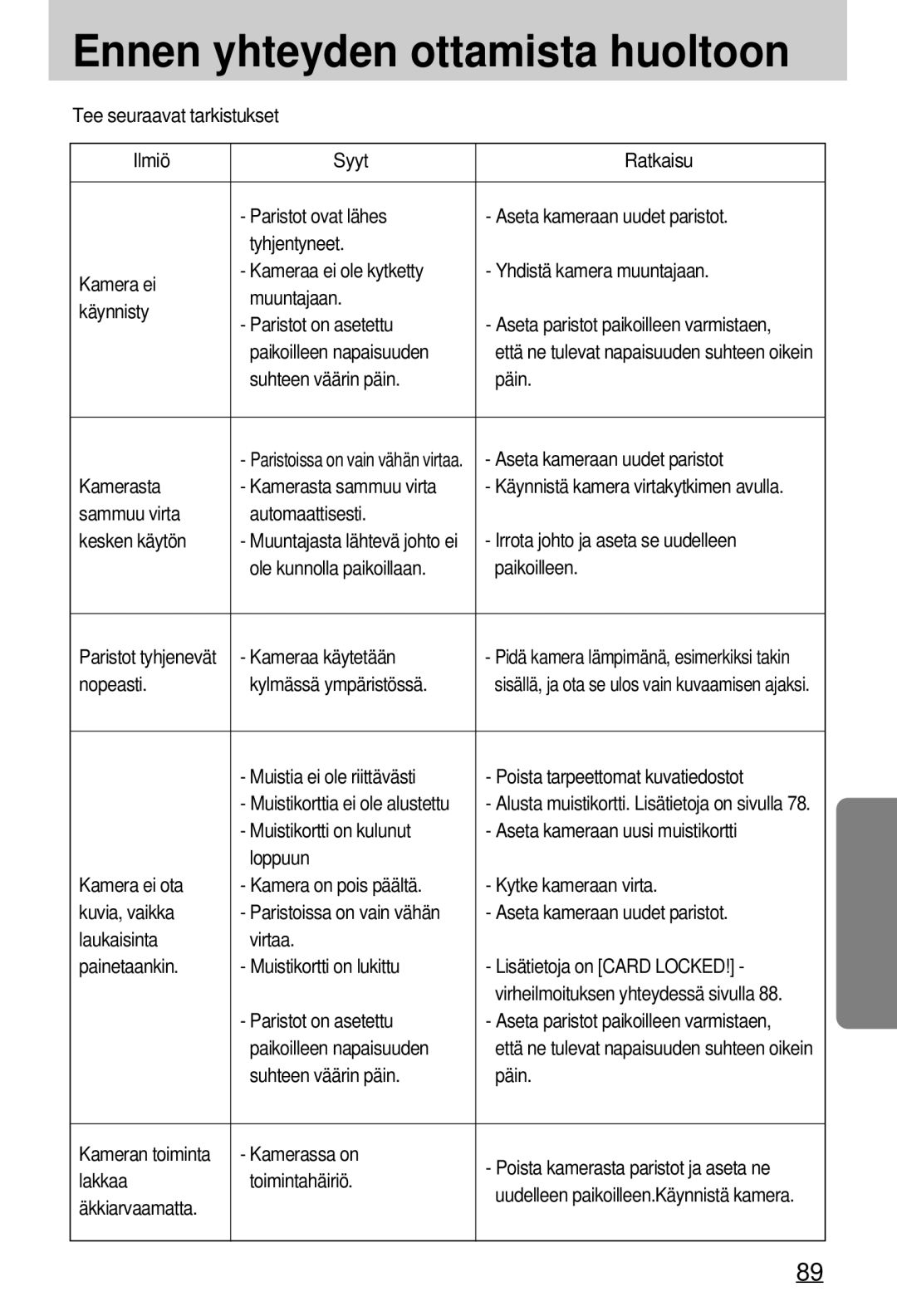 Samsung EC-A7ZZZSBB/E1 manual Ennen yhteyden ottamista huoltoon 