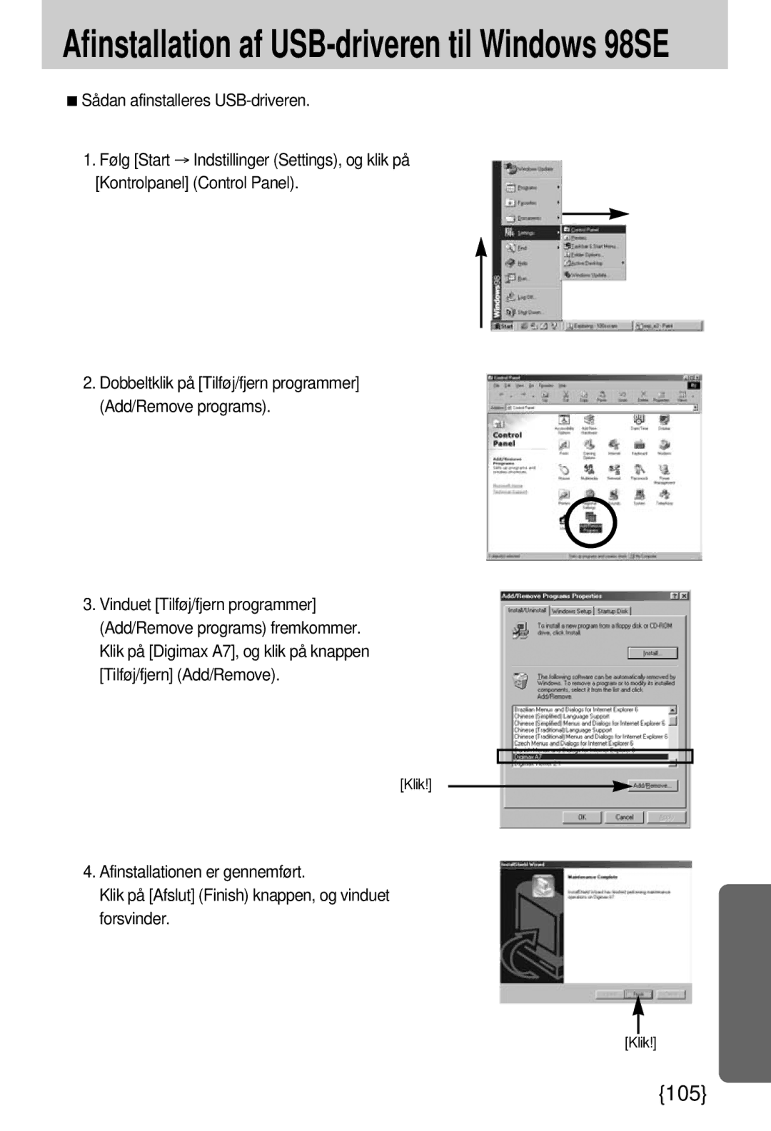 Samsung EC-A7ZZZSBB/E1 manual Afinstallation af USB-driveren til Windows 98SE 