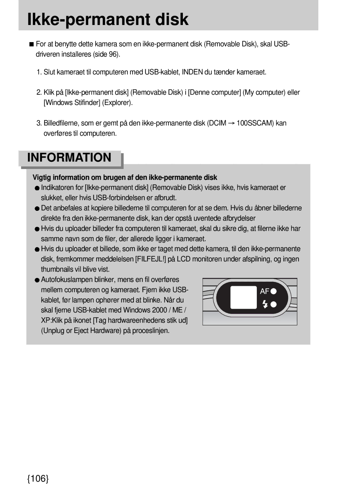 Samsung EC-A7ZZZSBB/E1 manual Ikke-permanent disk, Vigtig information om brugen af den ikke-permanente disk 