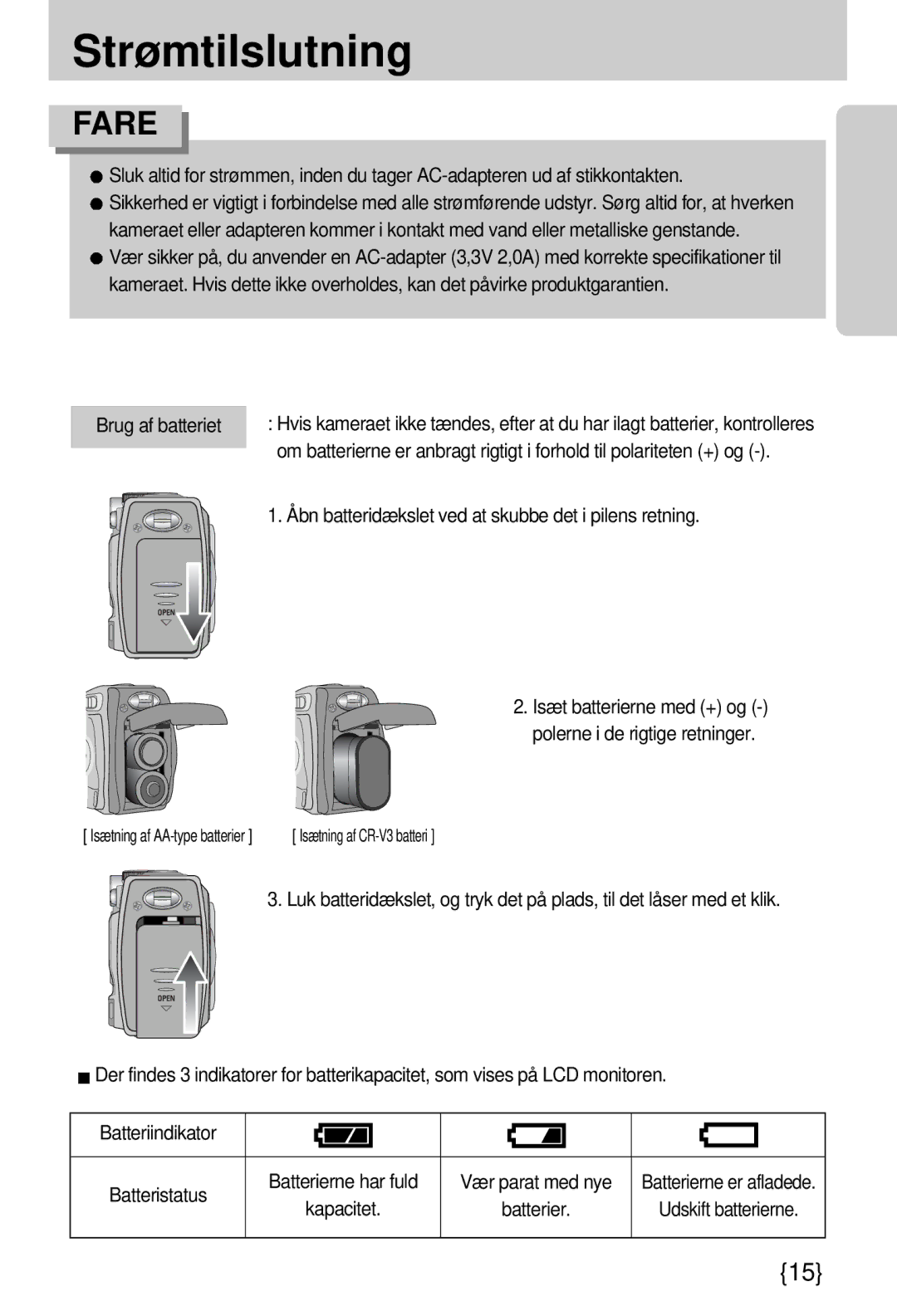 Samsung EC-A7ZZZSBB/E1 manual Brug af batteriet, Åbn batteridækslet ved at skubbe det i pilens retning 