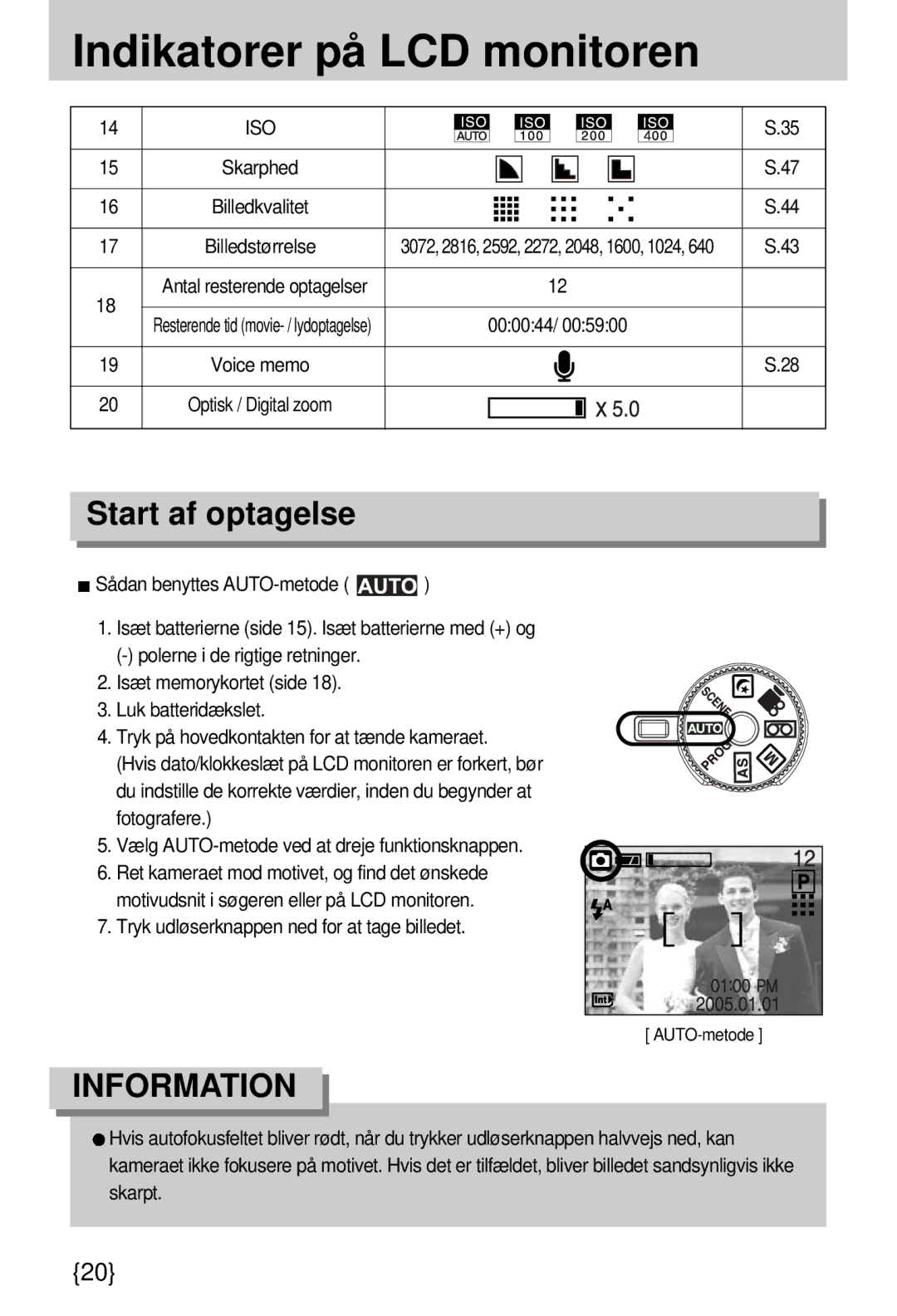 Samsung EC-A7ZZZSBB/E1 Indikatorer på LCD monitoren, Start af optagelse, Iso, Tryk udløserknappen ned for at tage billedet 