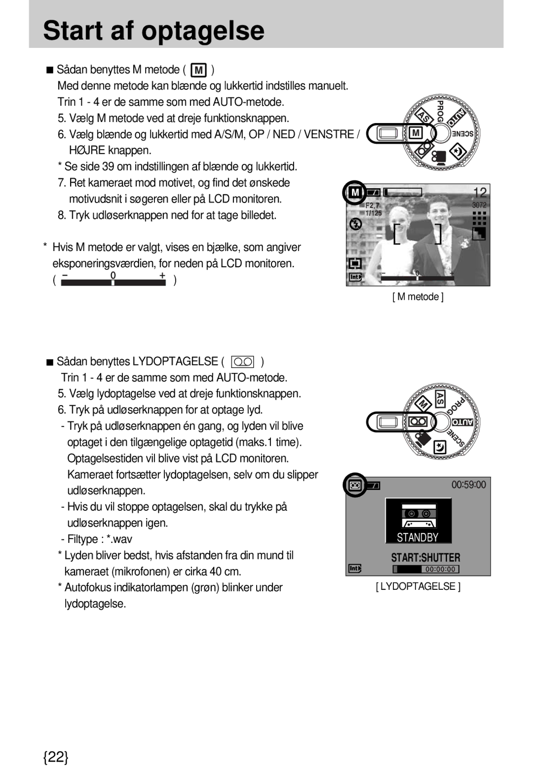 Samsung EC-A7ZZZSBB/E1 manual Vælg M metode ved at dreje funktionsknappen 