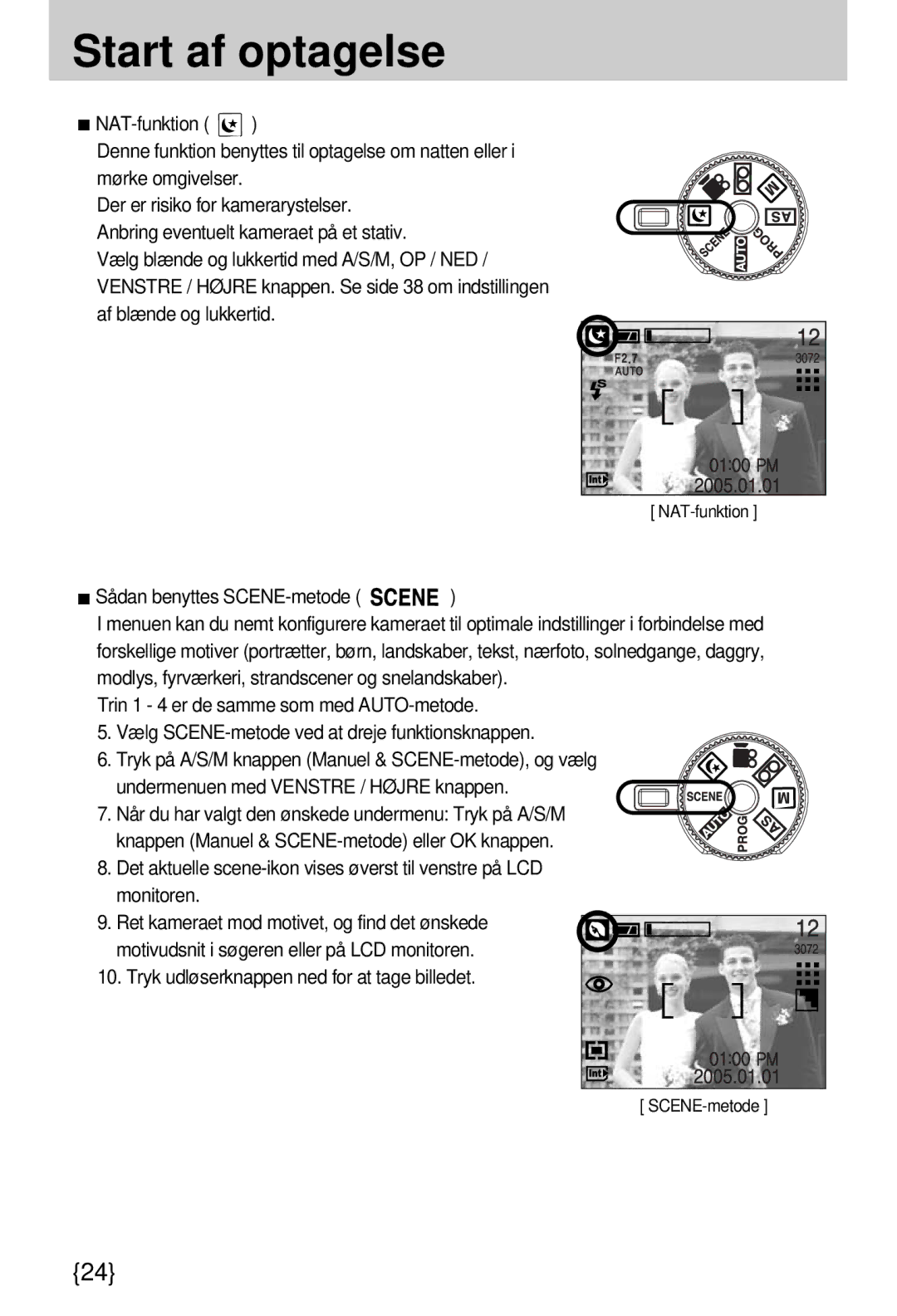 Samsung EC-A7ZZZSBB/E1 manual Sådan benyttes SCENE-metode, Undermenuen med Venstre / Højre knappen 