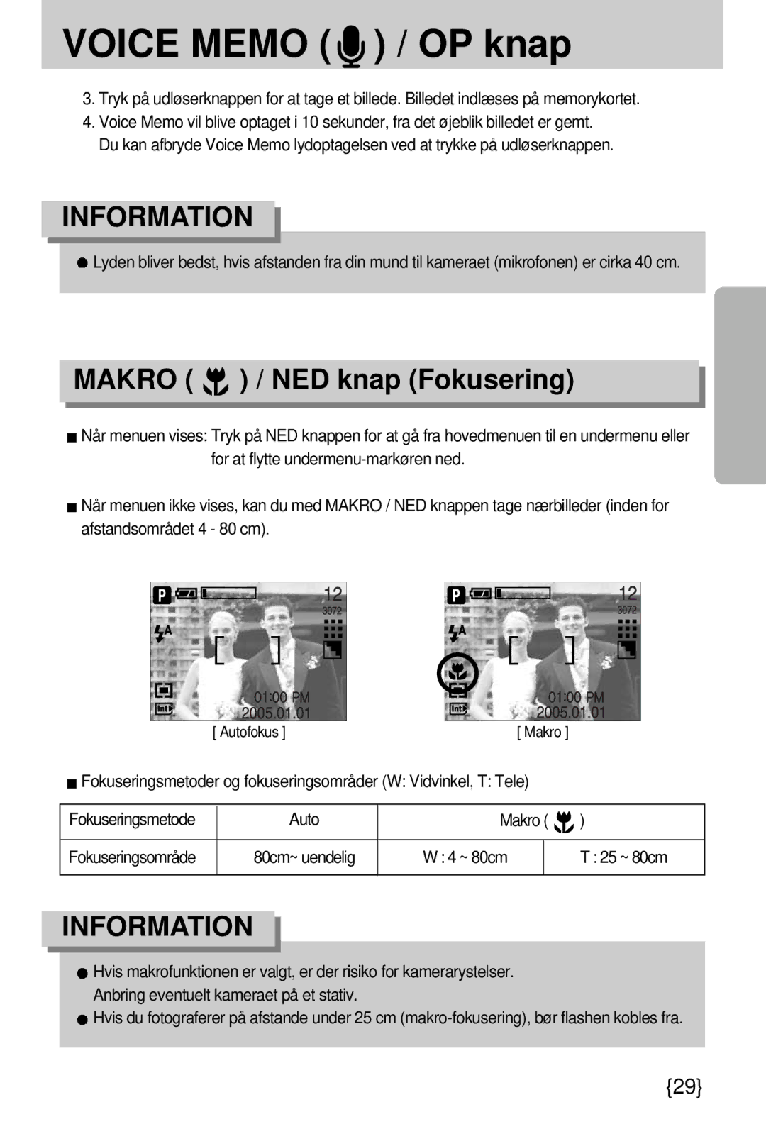 Samsung EC-A7ZZZSBB/E1 manual Voice Memo / OP knap, Makro / NED knap Fokusering, Auto Makro, ~ 80cm 25 ~ 80cm 