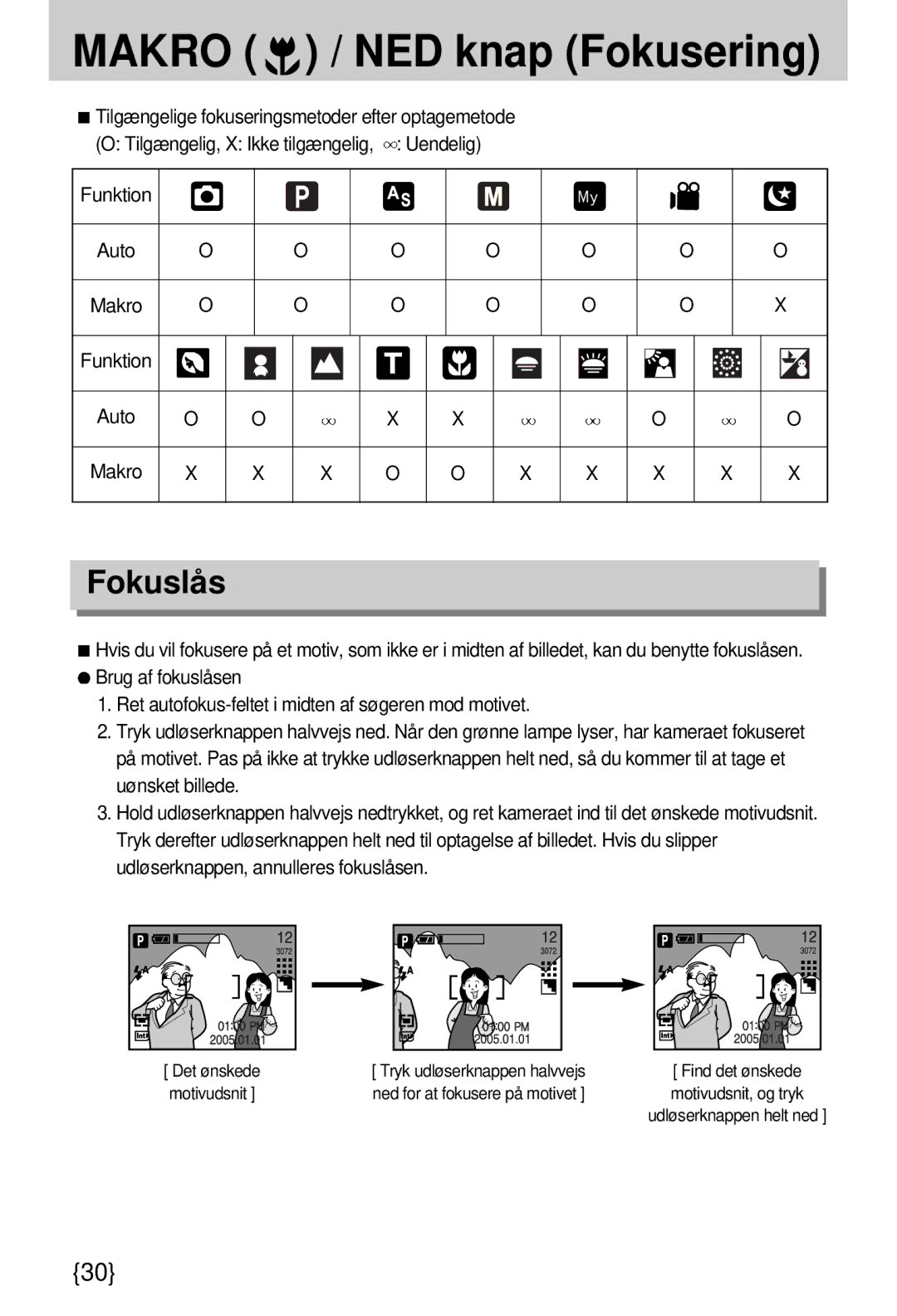 Samsung EC-A7ZZZSBB/E1 manual Makro / NED knap Fokusering, Fokuslås, Funktion Auto Makro 