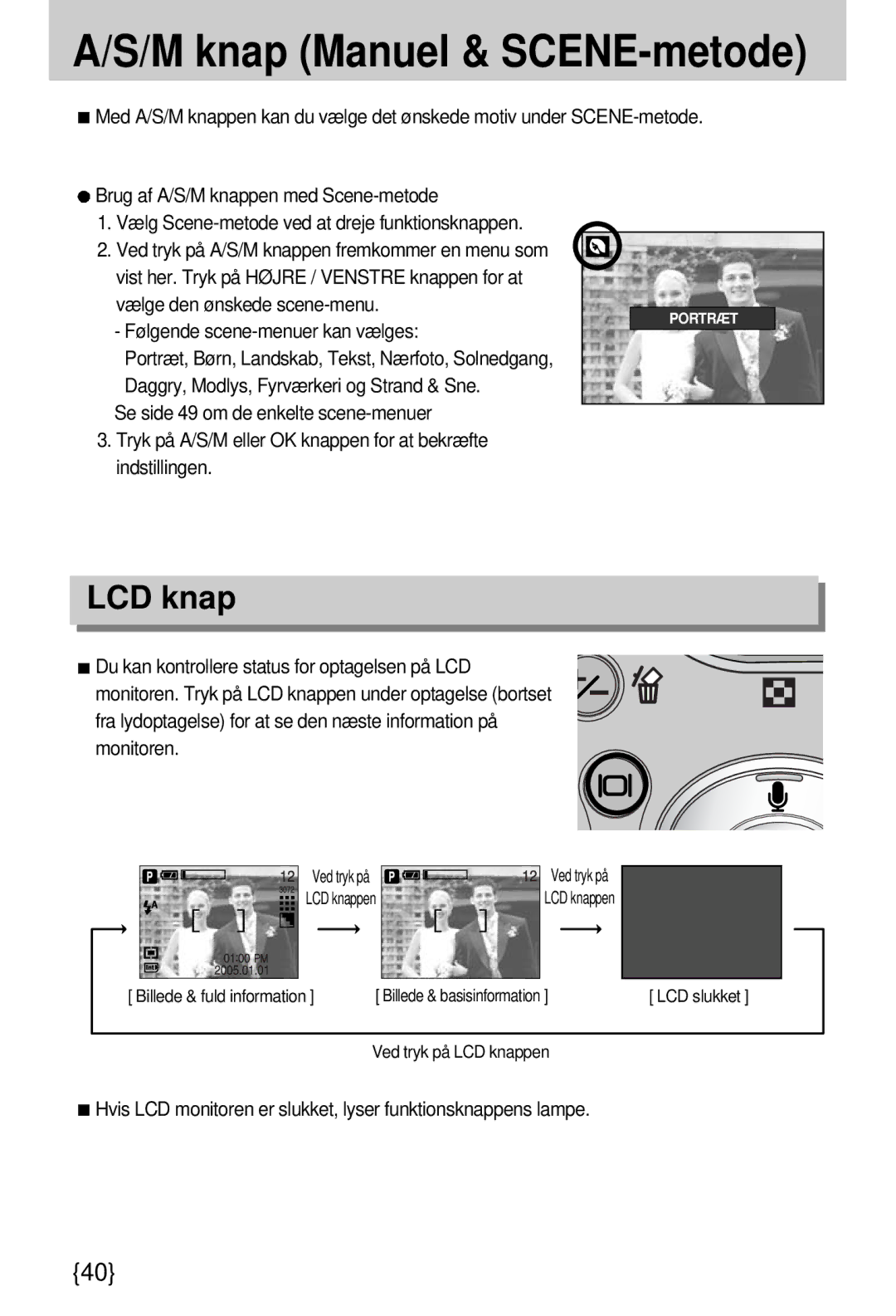 Samsung EC-A7ZZZSBB/E1 manual LCD knap, Hvis LCD monitoren er slukket, lyser funktionsknappens lampe 